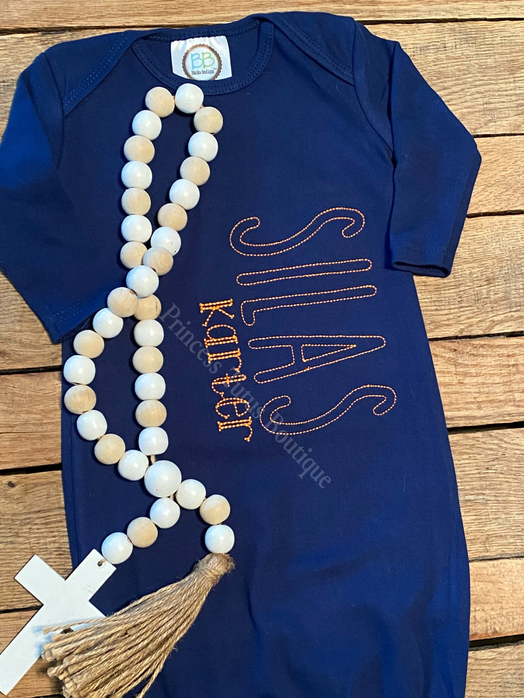 Personalized Navy Baby Gown, Custom Stitched Name, Coming Home Outfit