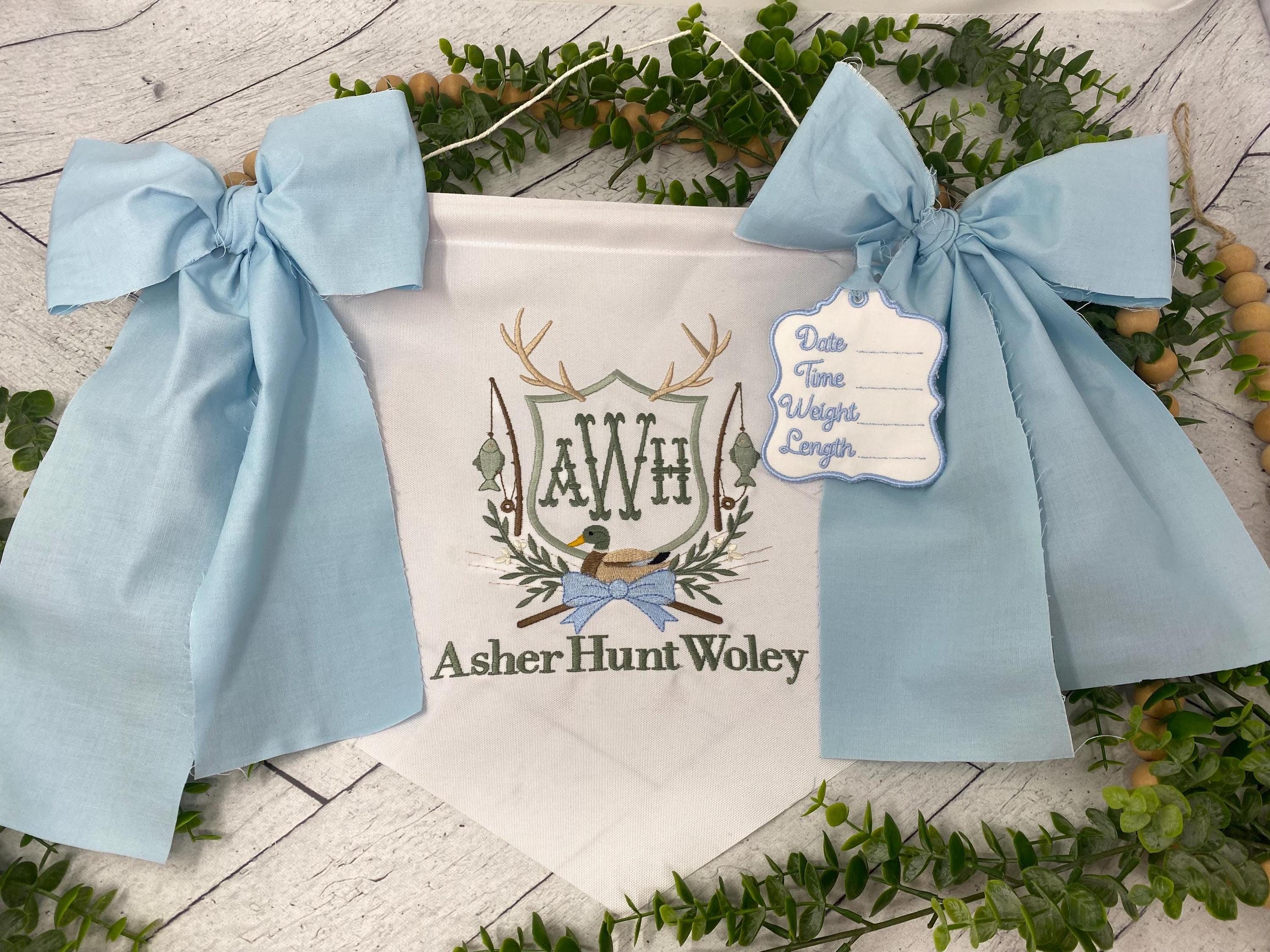 Personalized Baby Boy Name Banner – Embroidered Monogram, Blue Bows