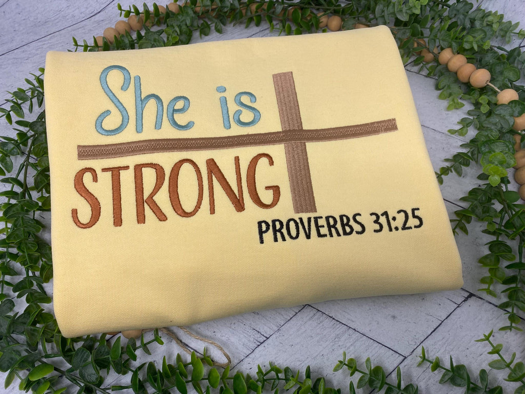 Embroidered Christian Sweatshirt, She Is Strong Comfort Colors Crewneck