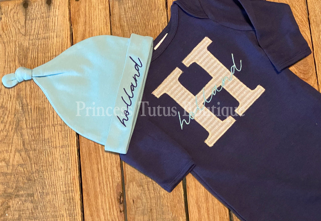 Personalized Baby Gown Set with Matching Hat &amp; Blanket