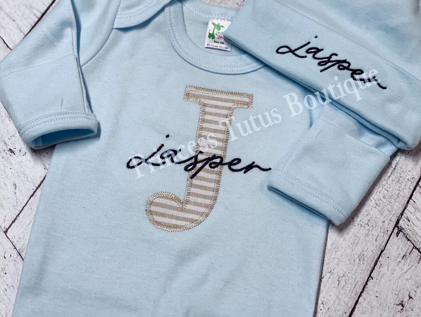 Personalized Baby Romper with Hat | Custom Name Appliqué Initial Outfit | Newborn Gift