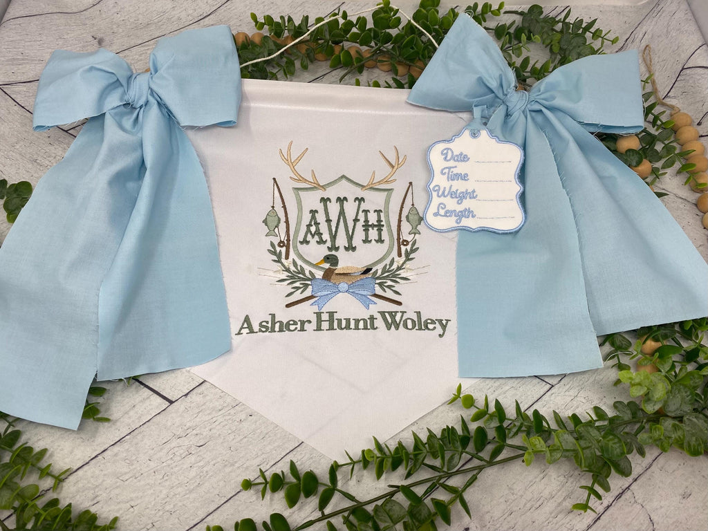 Personalized Baby Boy Name Banner – Embroidered Monogram, Blue Bows