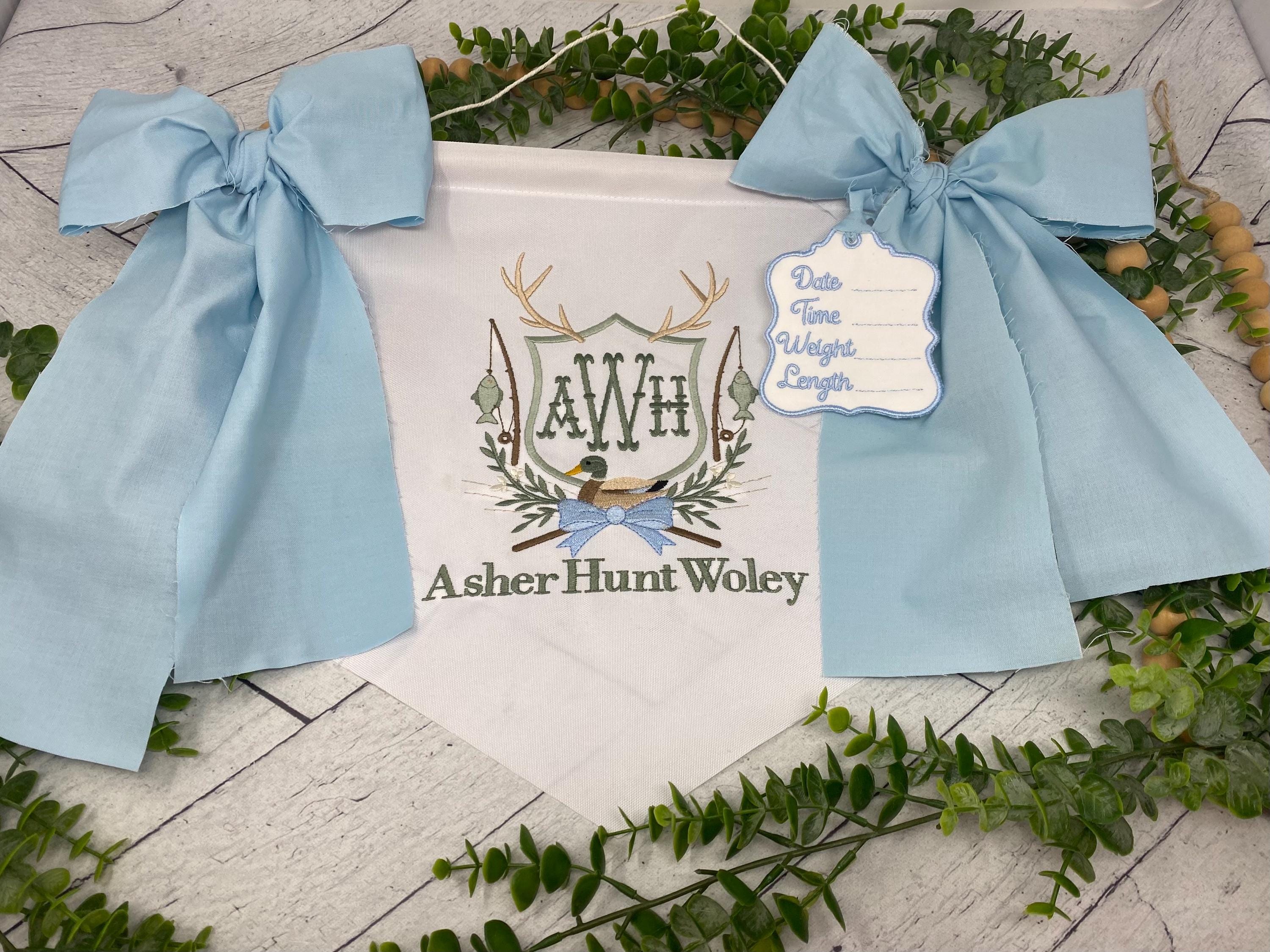 Personalized Baby Boy Name Banner – Embroidered Monogram, Blue Bows