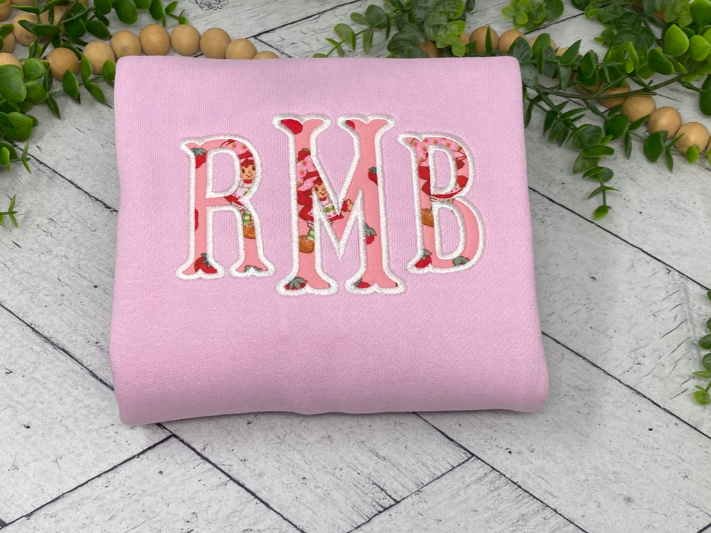 Strawberry Shortcake Monogram Hoodie | Girls Personalized Applique Sweatshirt | Custom Initials Kids Hoodie | Pink Boutique Embroidered Hoodie