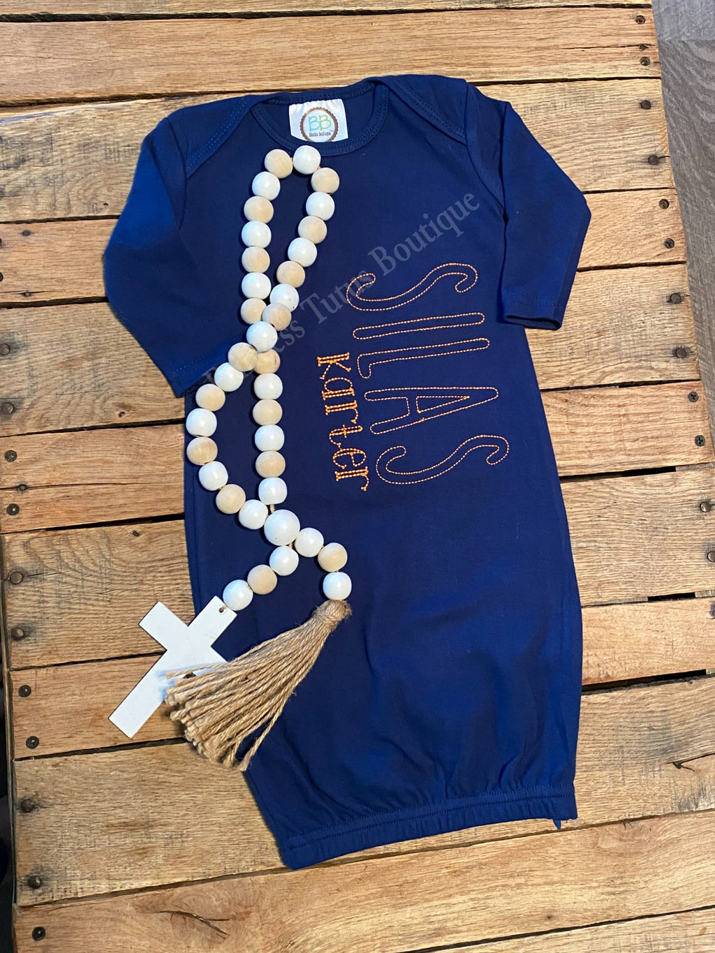 Personalized Navy Baby Gown, Custom Stitched Name, Coming Home Outfit