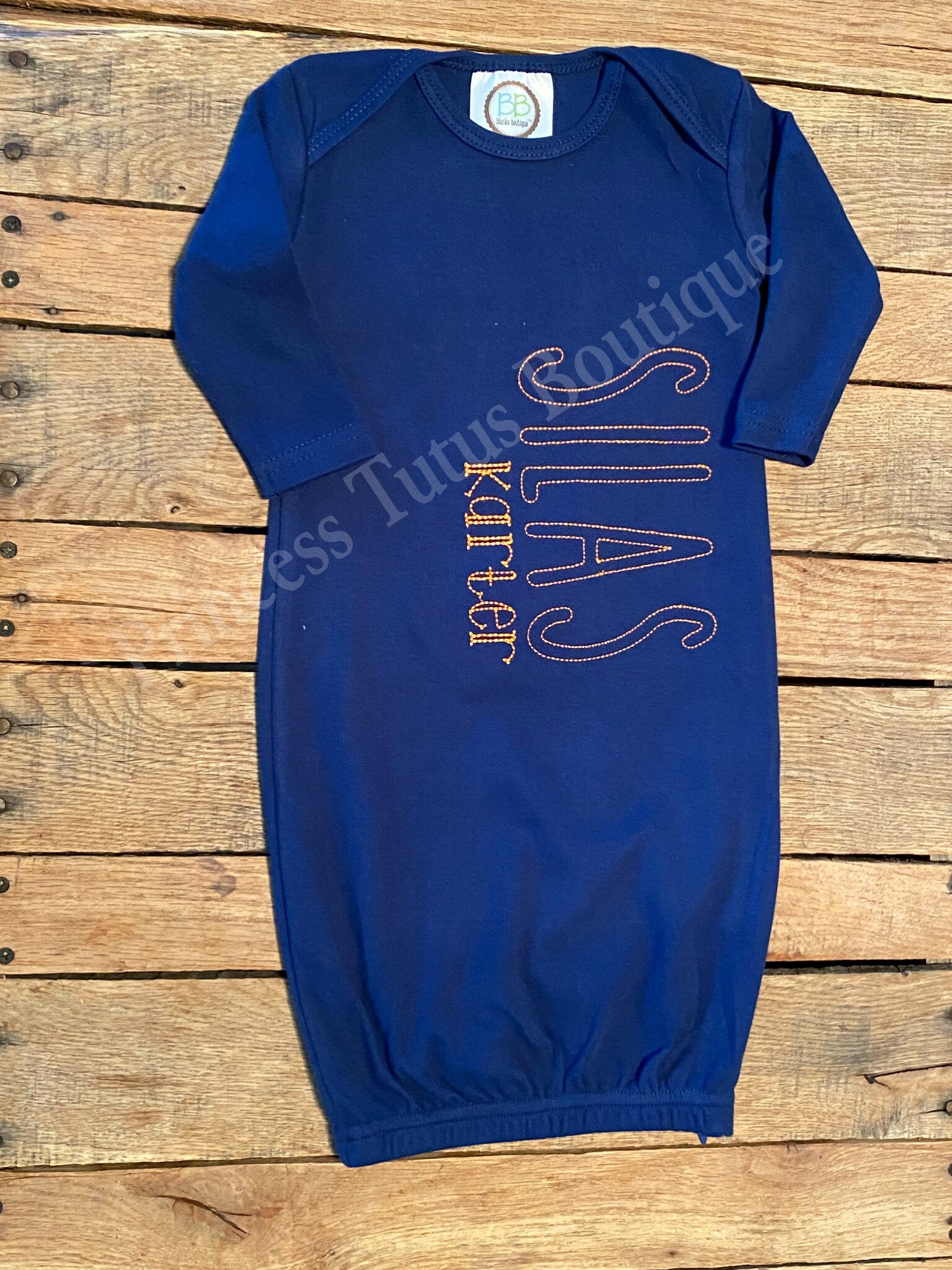 Personalized Navy Baby Gown, Custom Stitched Name, Coming Home Outfit