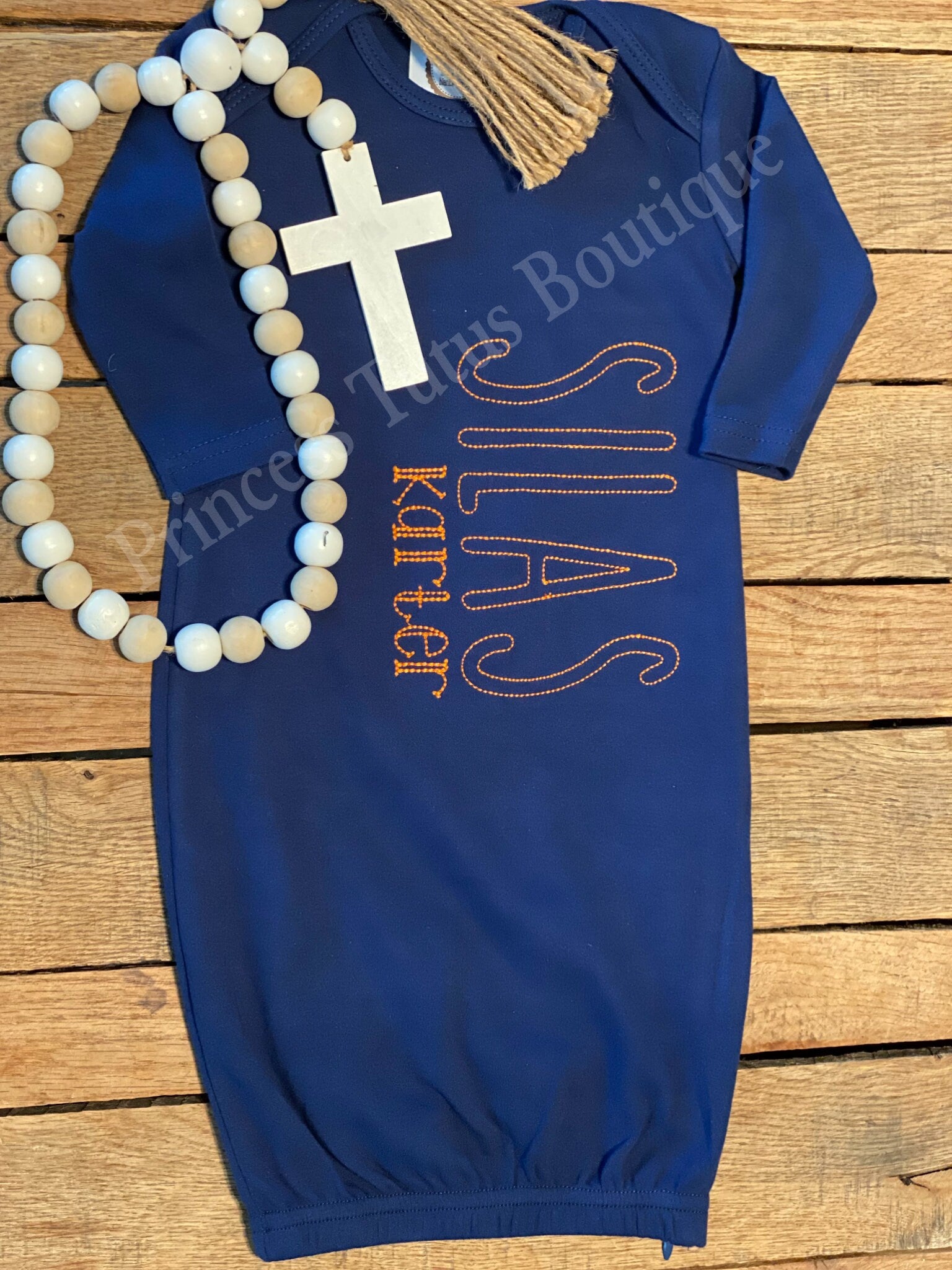 Personalized Navy Baby Gown, Custom Stitched Name, Coming Home Outfit