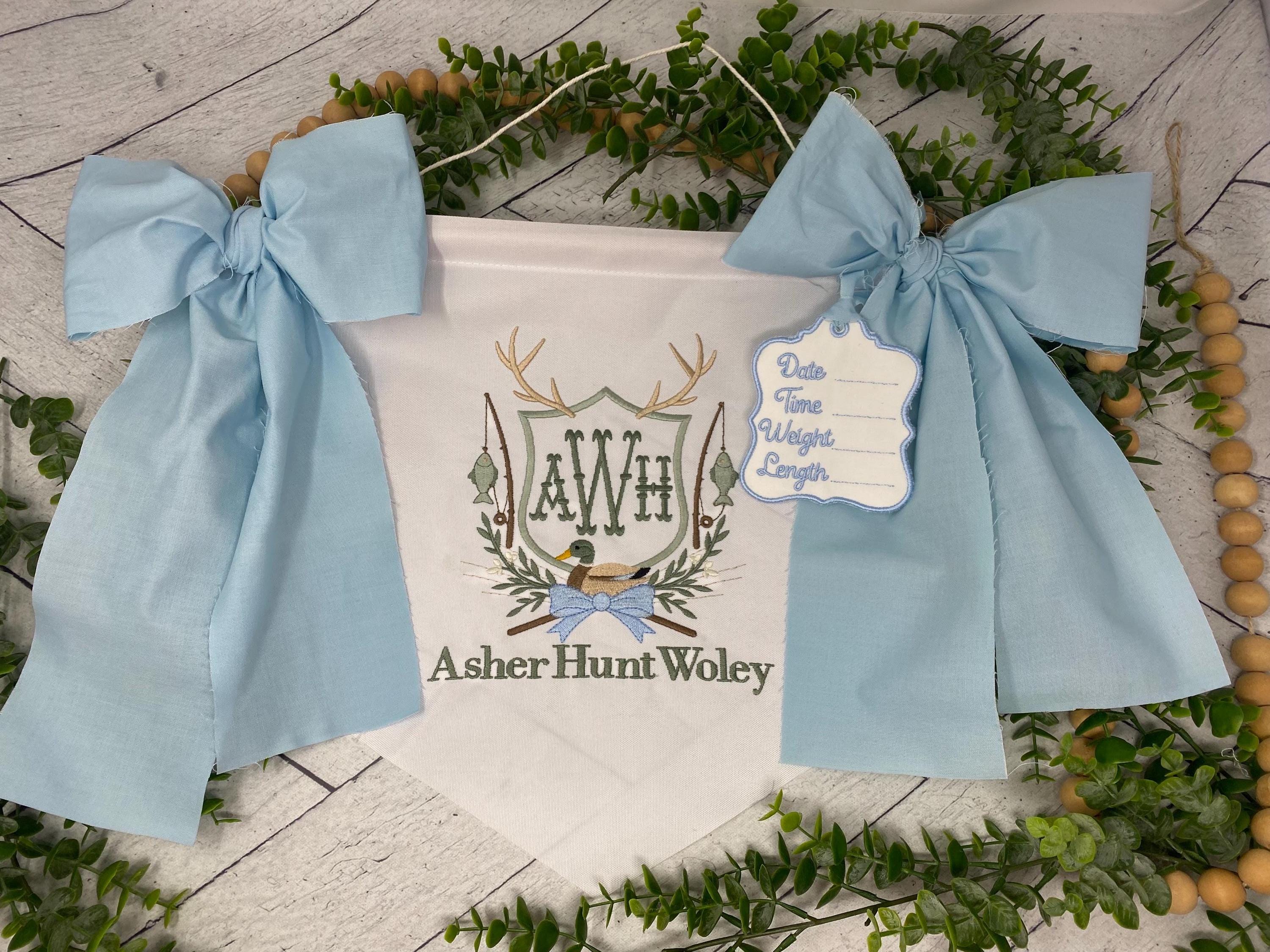 Personalized Baby Boy Name Banner – Embroidered Monogram, Blue Bows