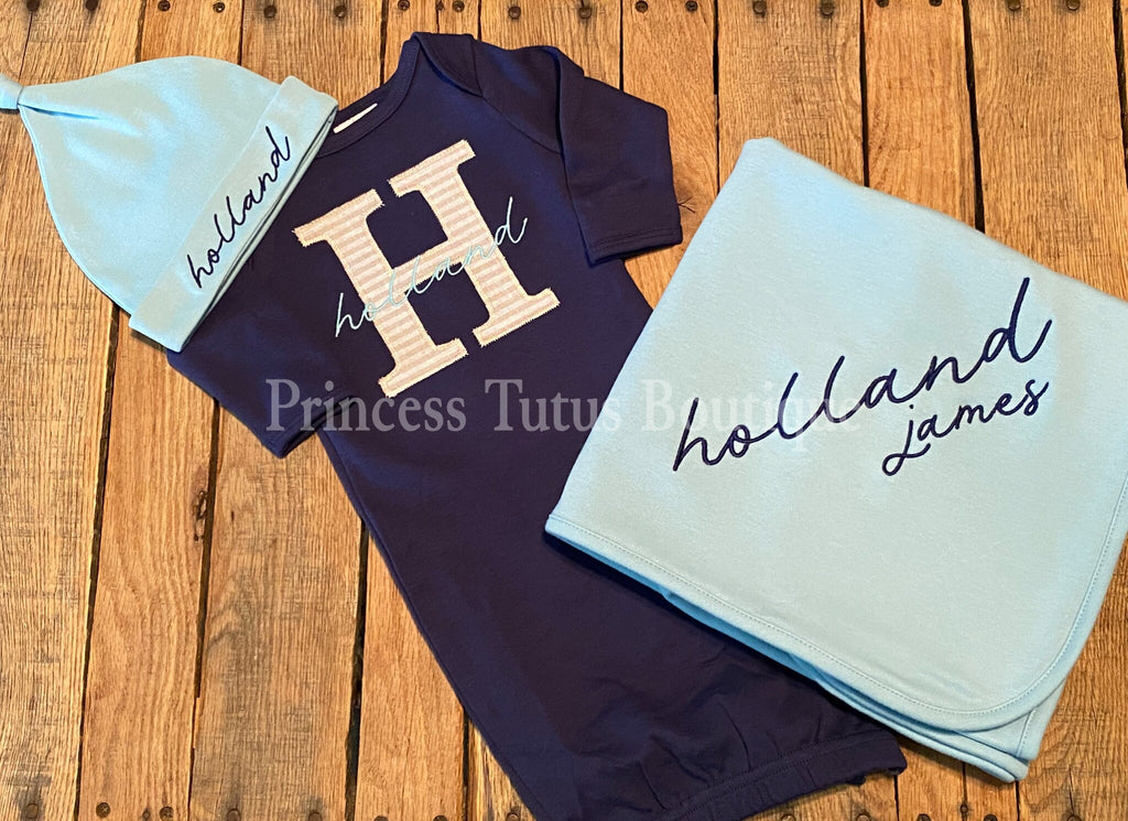 Personalized Baby Gown Set with Matching Hat &amp; Blanket