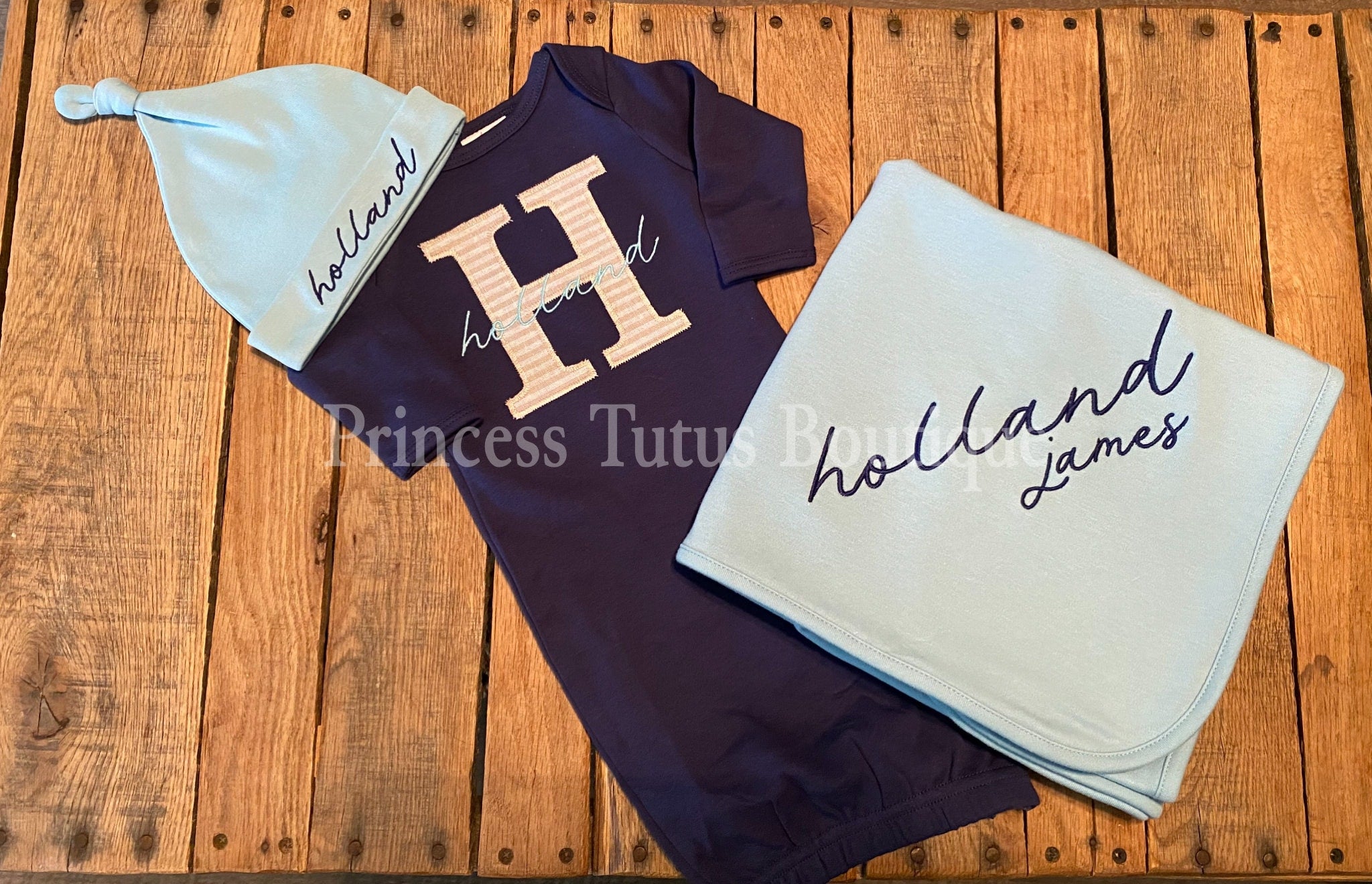 Personalized Baby Gown Set with Matching Hat &amp; Blanket