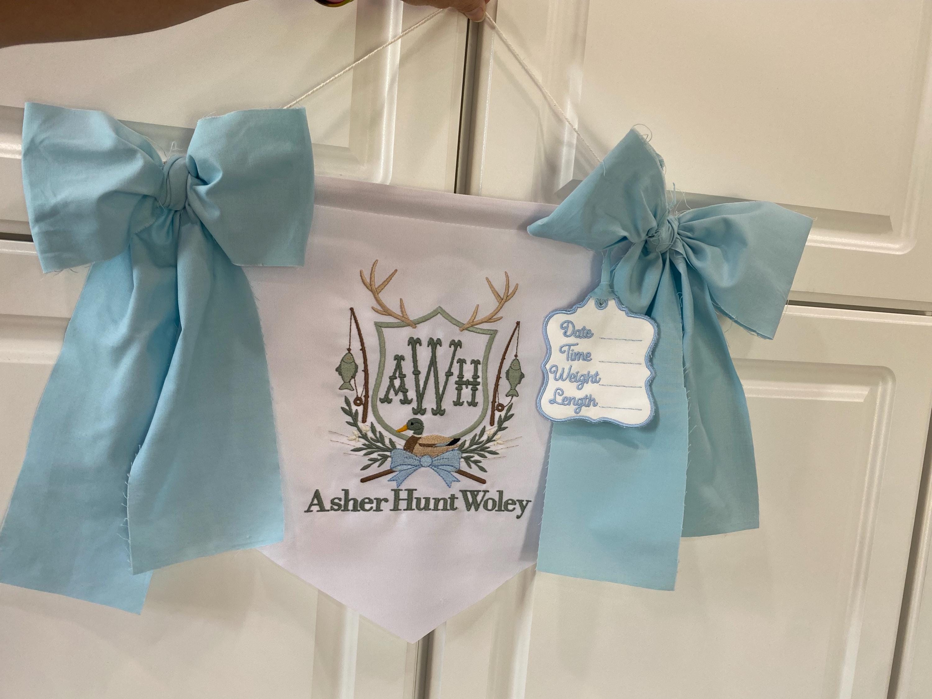 Personalized Baby Boy Name Banner – Embroidered Monogram, Blue Bows