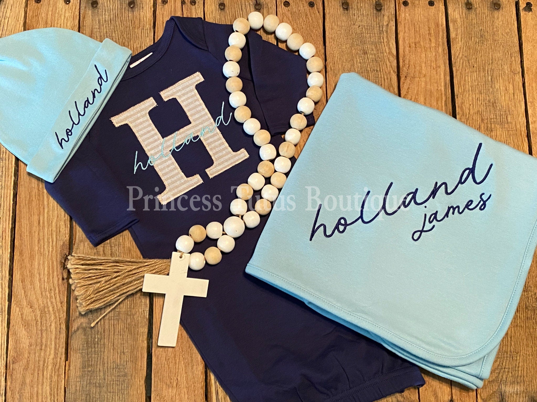 Personalized Baby Gown Set with Matching Hat &amp; Blanket
