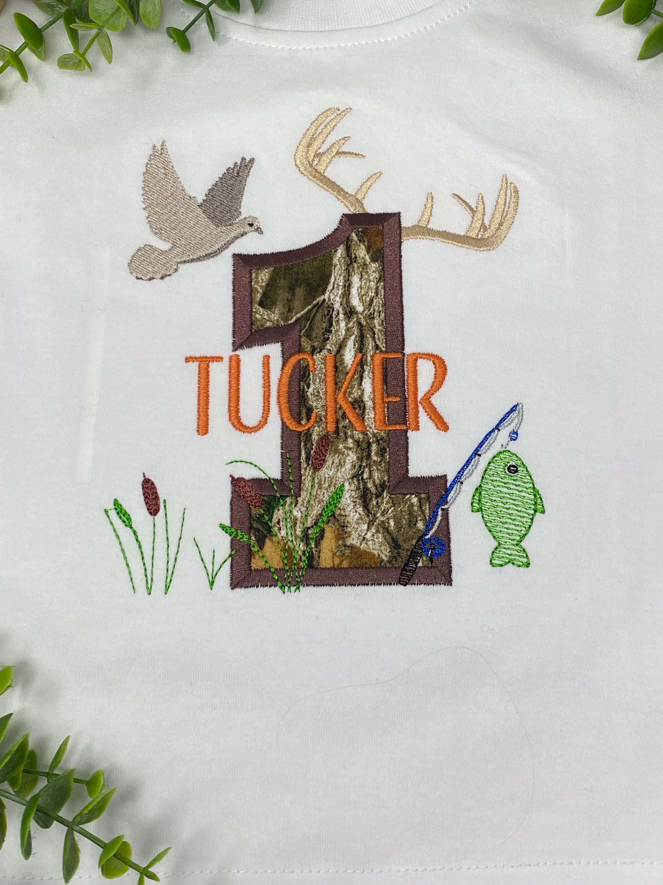 Personalized Camo Birthday Shirt | Hunting Fishing Theme | Custom Appliqué Number with Name