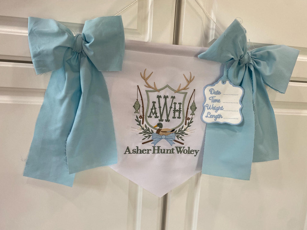 Personalized Baby Boy Name Banner – Embroidered Monogram, Blue Bows