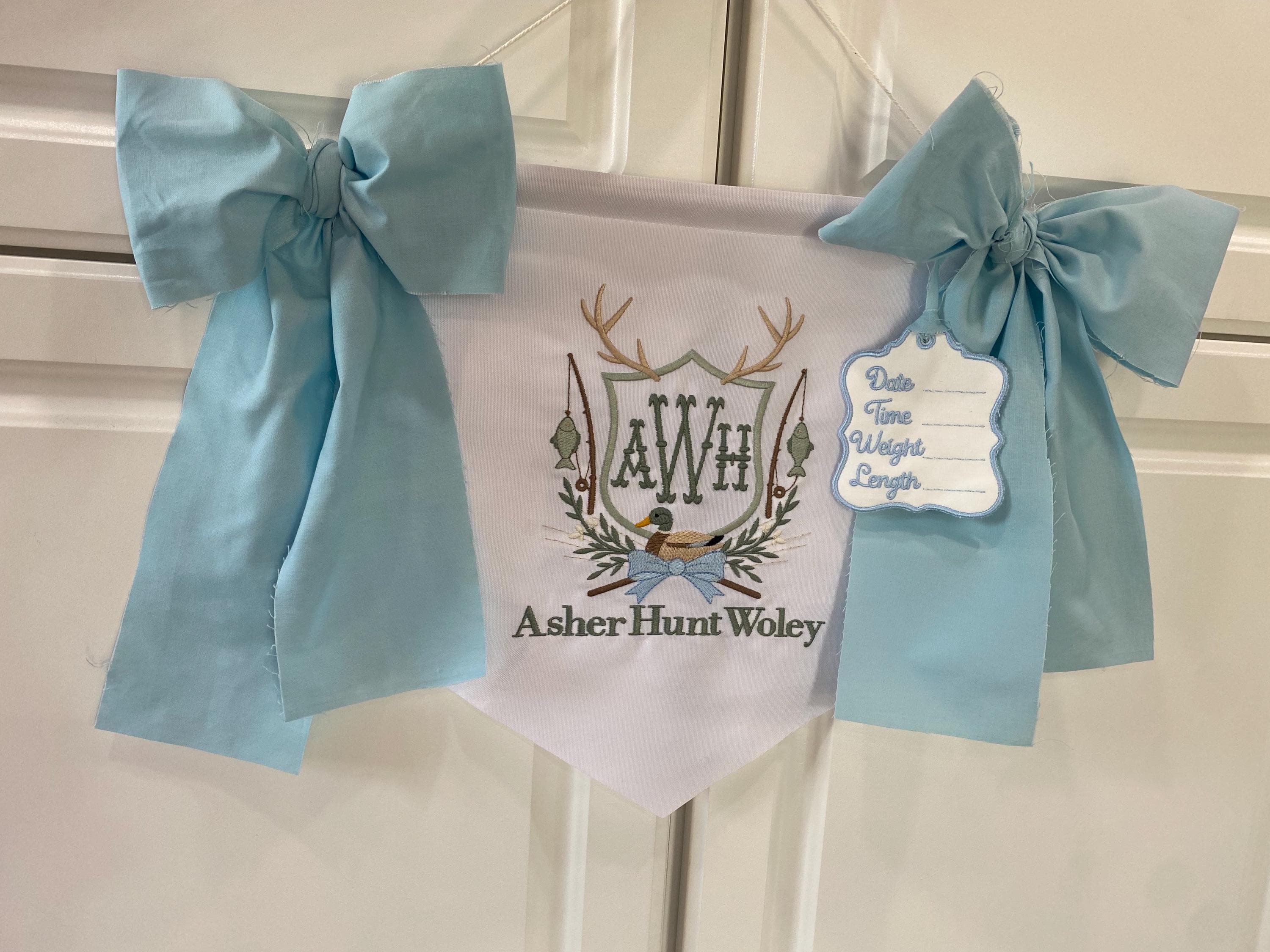 Personalized Baby Boy Name Banner – Embroidered Monogram, Blue Bows