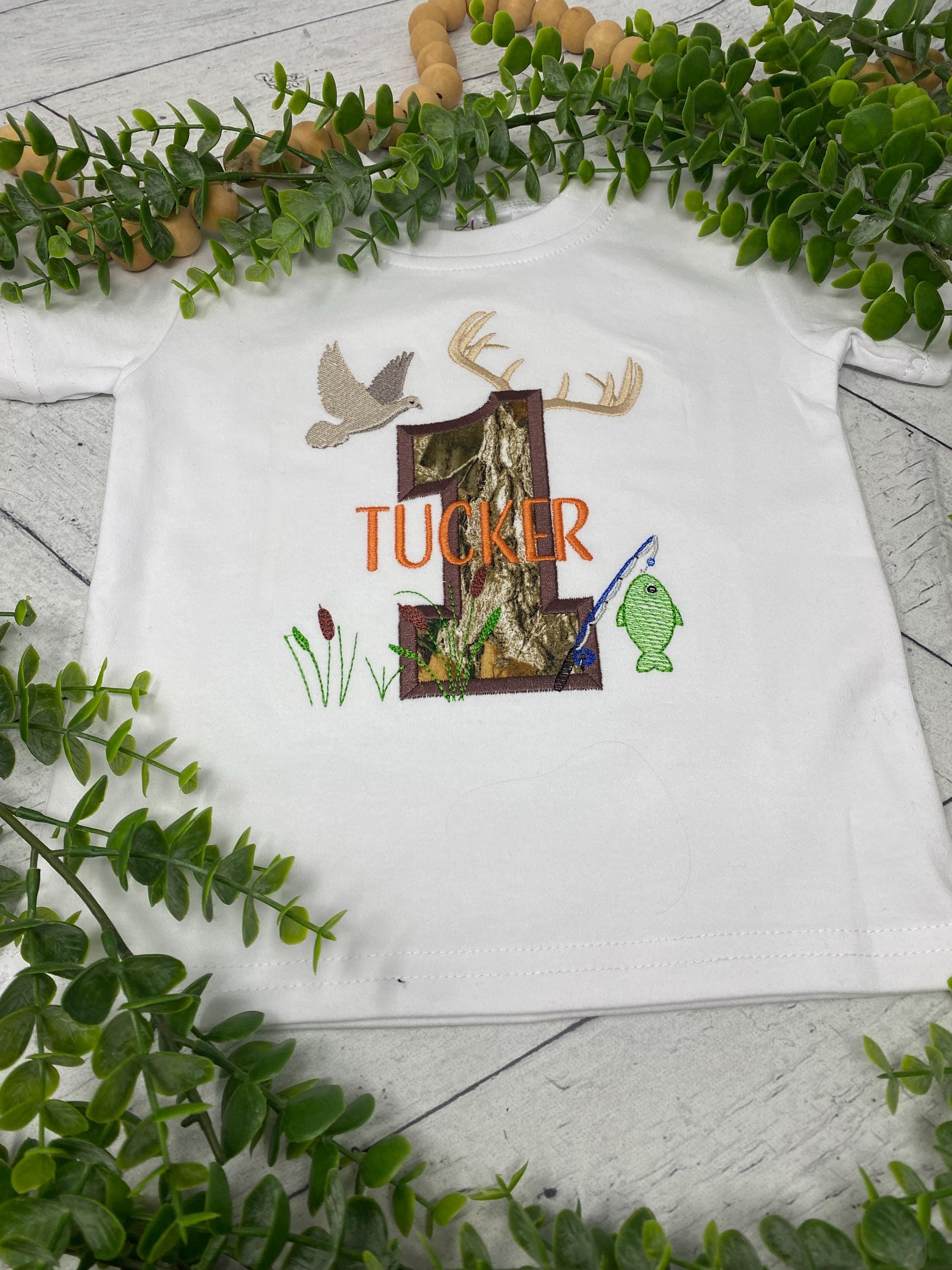 Personalized Camo Birthday Shirt | Hunting Fishing Theme | Custom Appliqué Number with Name