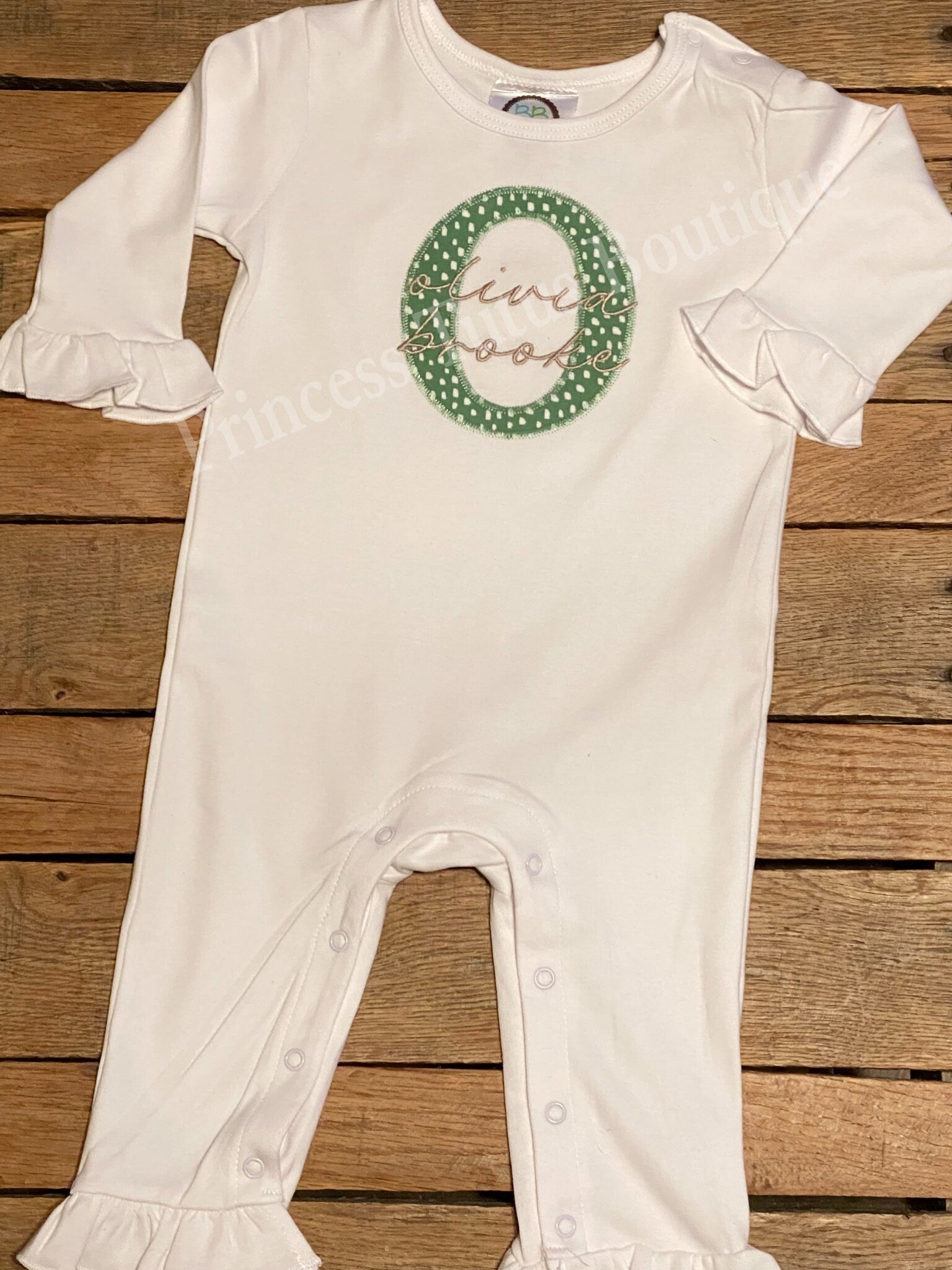 Personalized Baby Girl Romper with Name | Appliqué Initial Ruffle Outfit | Custom Long Sleeve Baby Gift