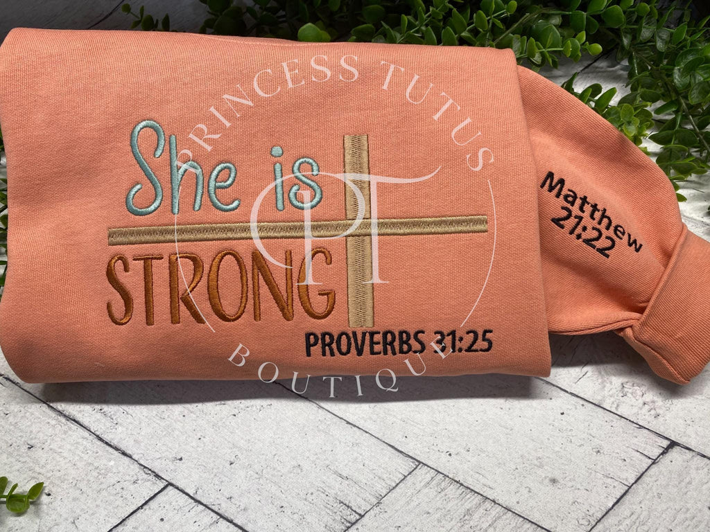 Embroidered Christian Sweatshirt, She Is Strong Comfort Colors Crewneck