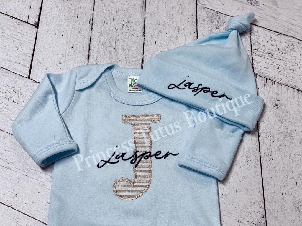Personalized Baby Romper with Hat | Custom Name Appliqué Initial Outfit | Newborn Gift