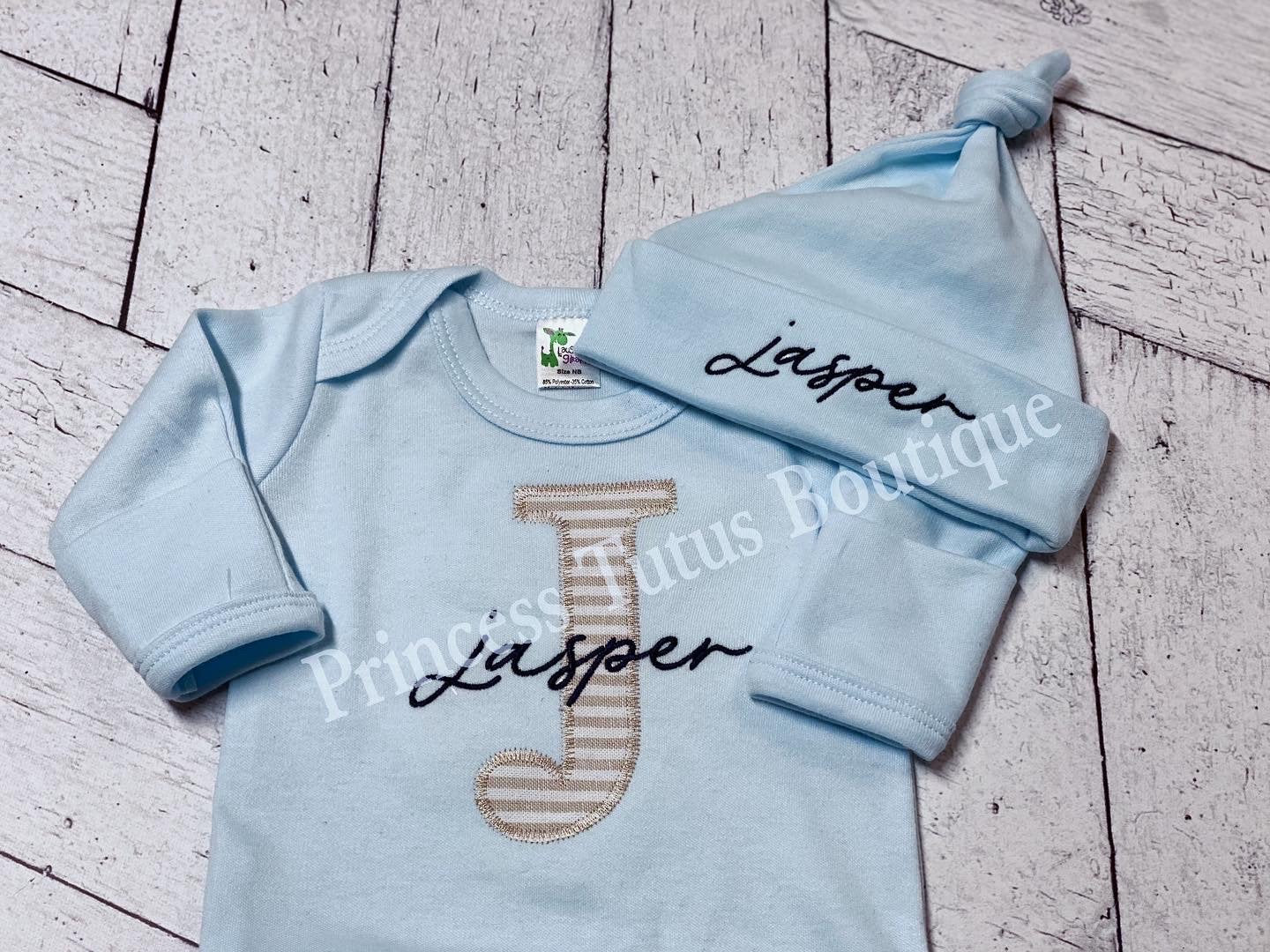 Personalized Baby Romper with Hat | Custom Name Appliqué Initial Outfit | Newborn Gift