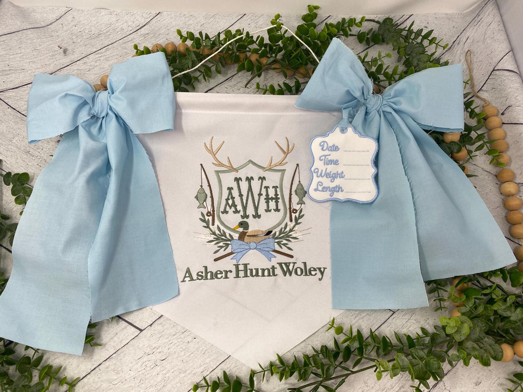 Personalized Baby Boy Name Banner – Embroidered Monogram, Blue Bows