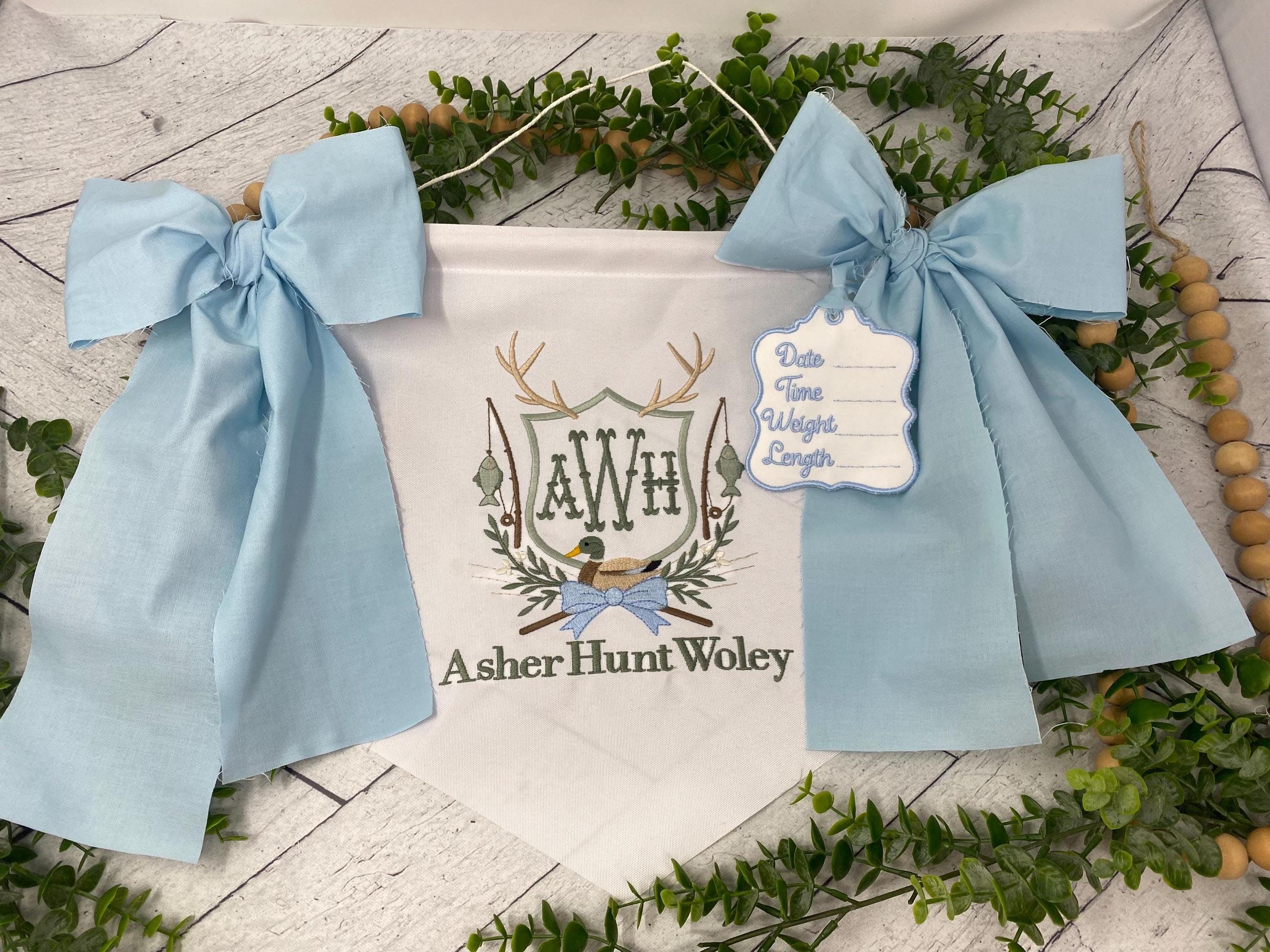Personalized Baby Boy Name Banner – Embroidered Monogram, Blue Bows