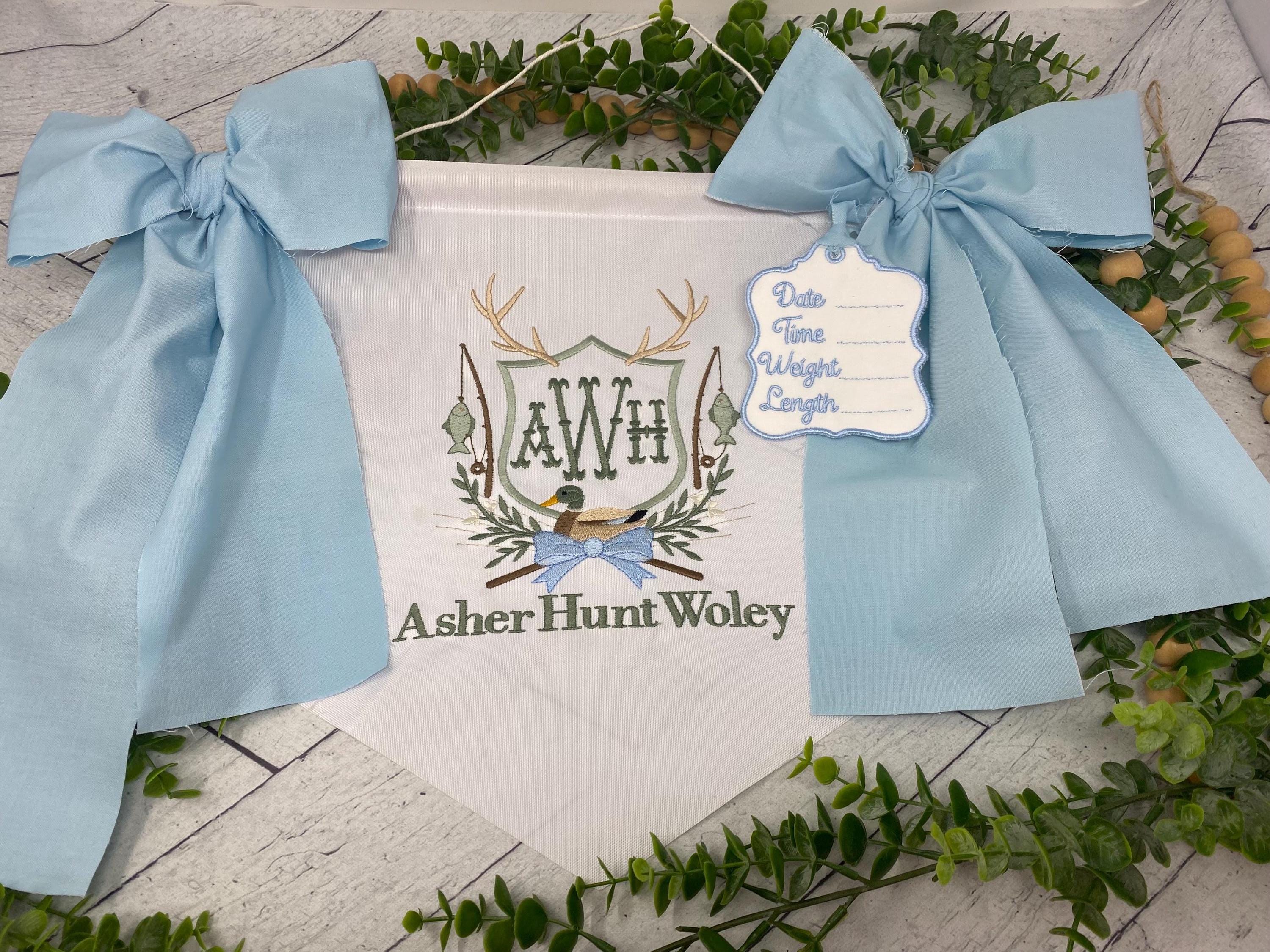 Personalized Baby Boy Name Banner – Embroidered Monogram, Blue Bows