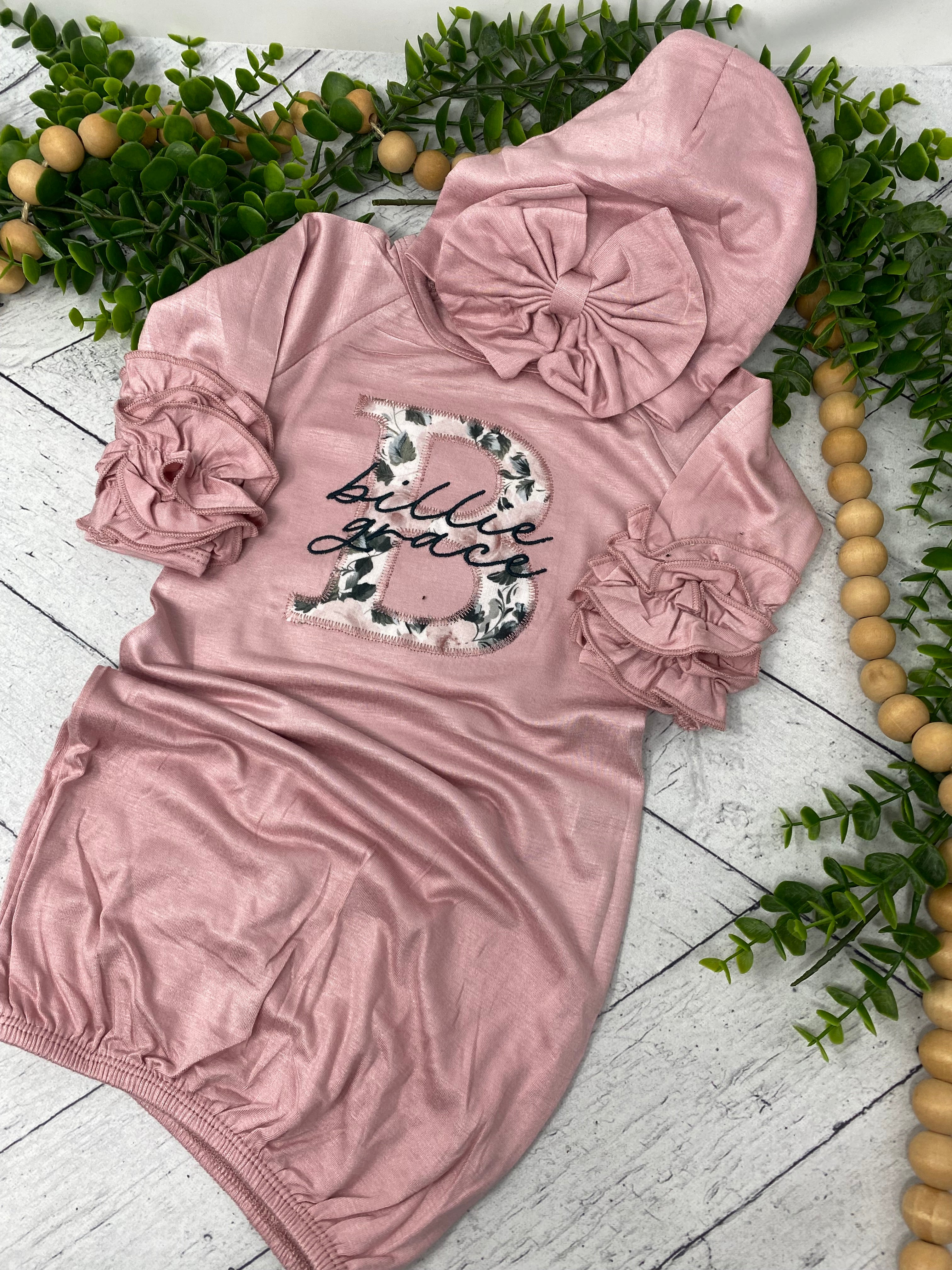 Personalized Baby Gown Set | Custom Embroidered Newborn Ruffled Sleeve Gown | Baby Shower Gift | Coming Home Outfit | Hospital Outfit