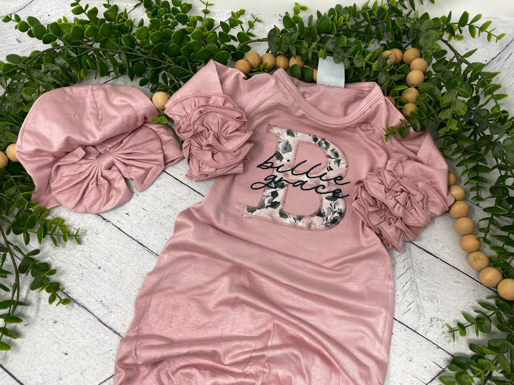 Personalized Baby Gown Set | Custom Embroidered Newborn Ruffled Sleeve Gown | Baby Shower Gift | Coming Home Outfit | Hospital Outfit