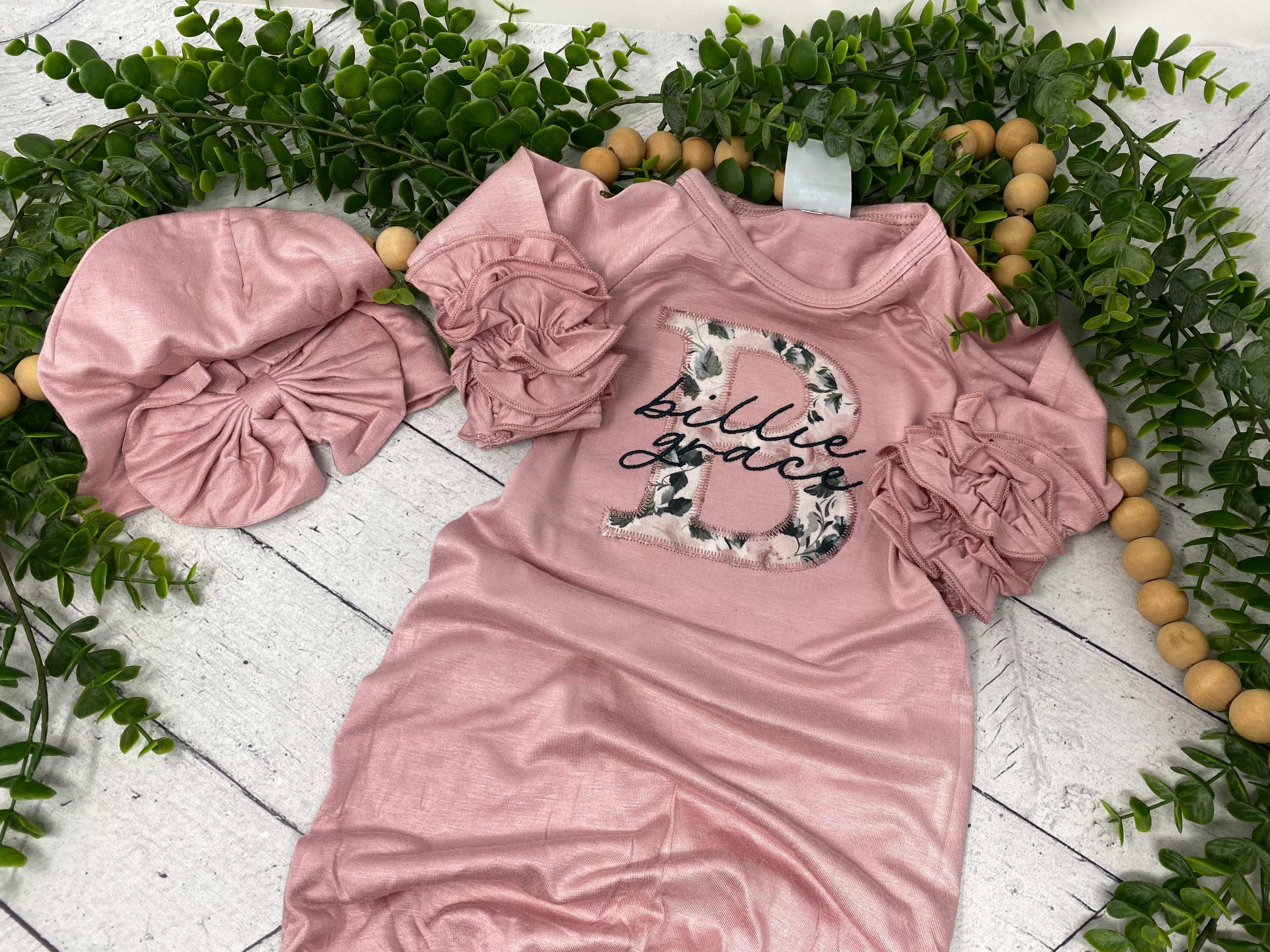 Personalized Baby Gown Set | Custom Embroidered Newborn Ruffled Sleeve Gown | Baby Shower Gift | Coming Home Outfit | Hospital Outfit
