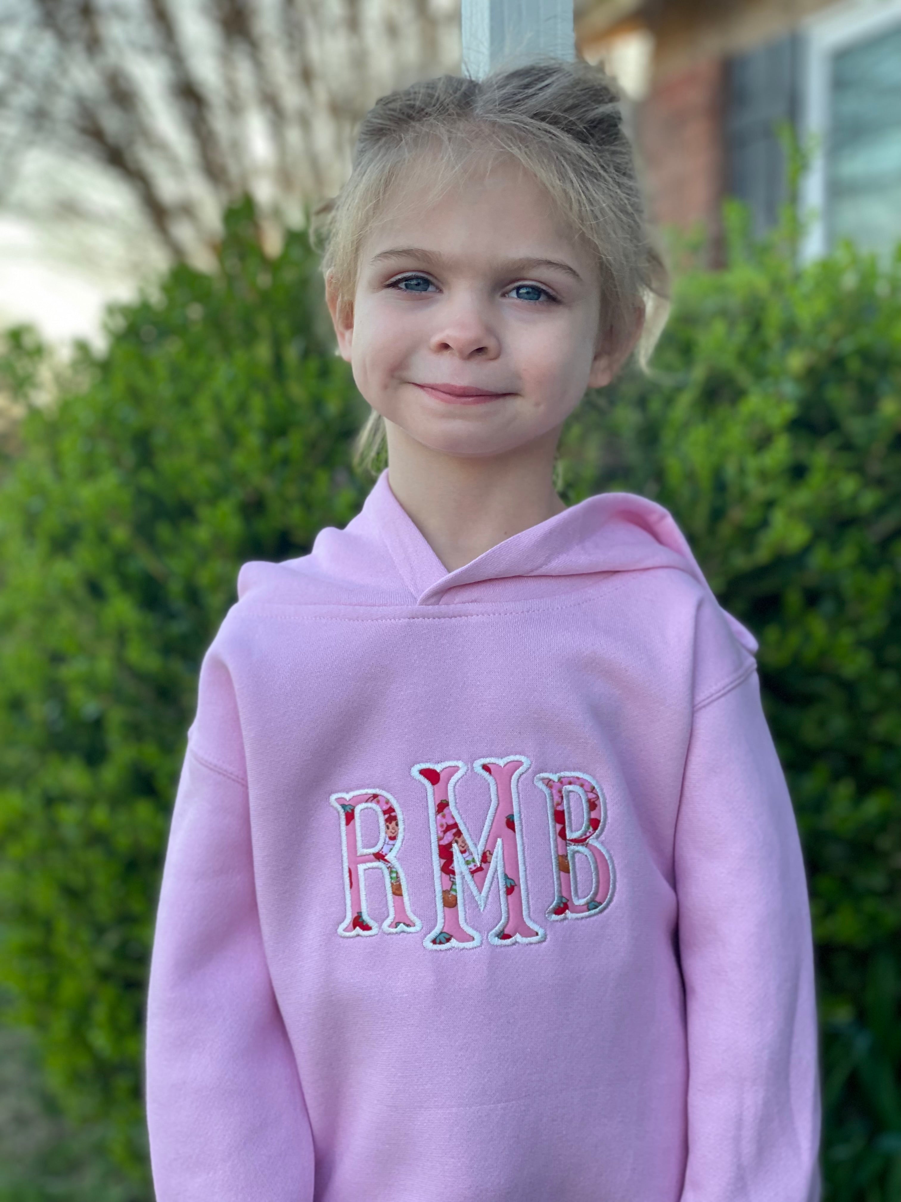 Strawberry Shortcake Monogram Hoodie | Girls Personalized Applique Sweatshirt | Custom Initials Kids Hoodie | Pink Boutique Embroidered Hoodie