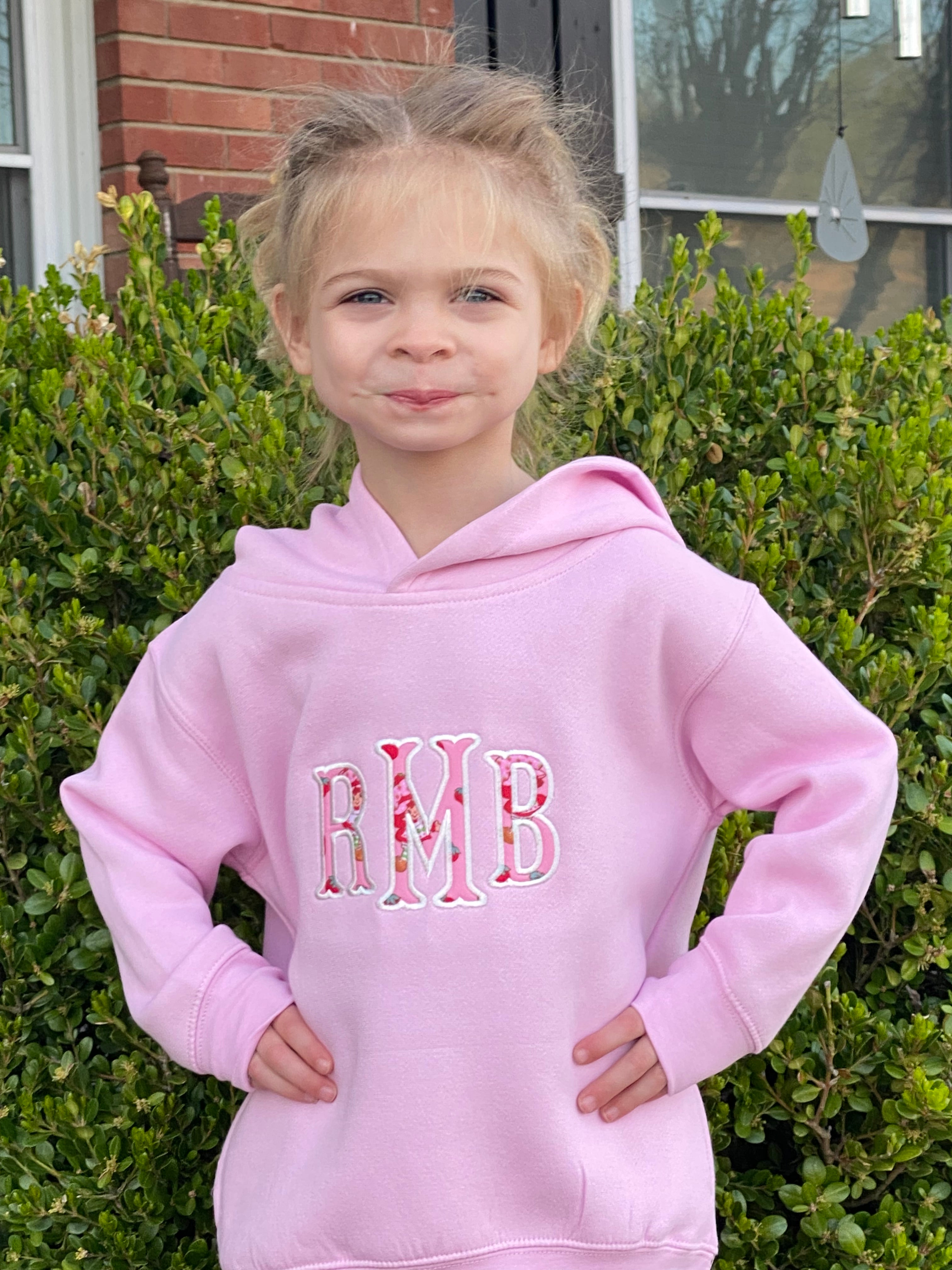 Strawberry Shortcake Monogram Hoodie | Girls Personalized Applique Sweatshirt | Custom Initials Kids Hoodie | Pink Boutique Embroidered Hoodie