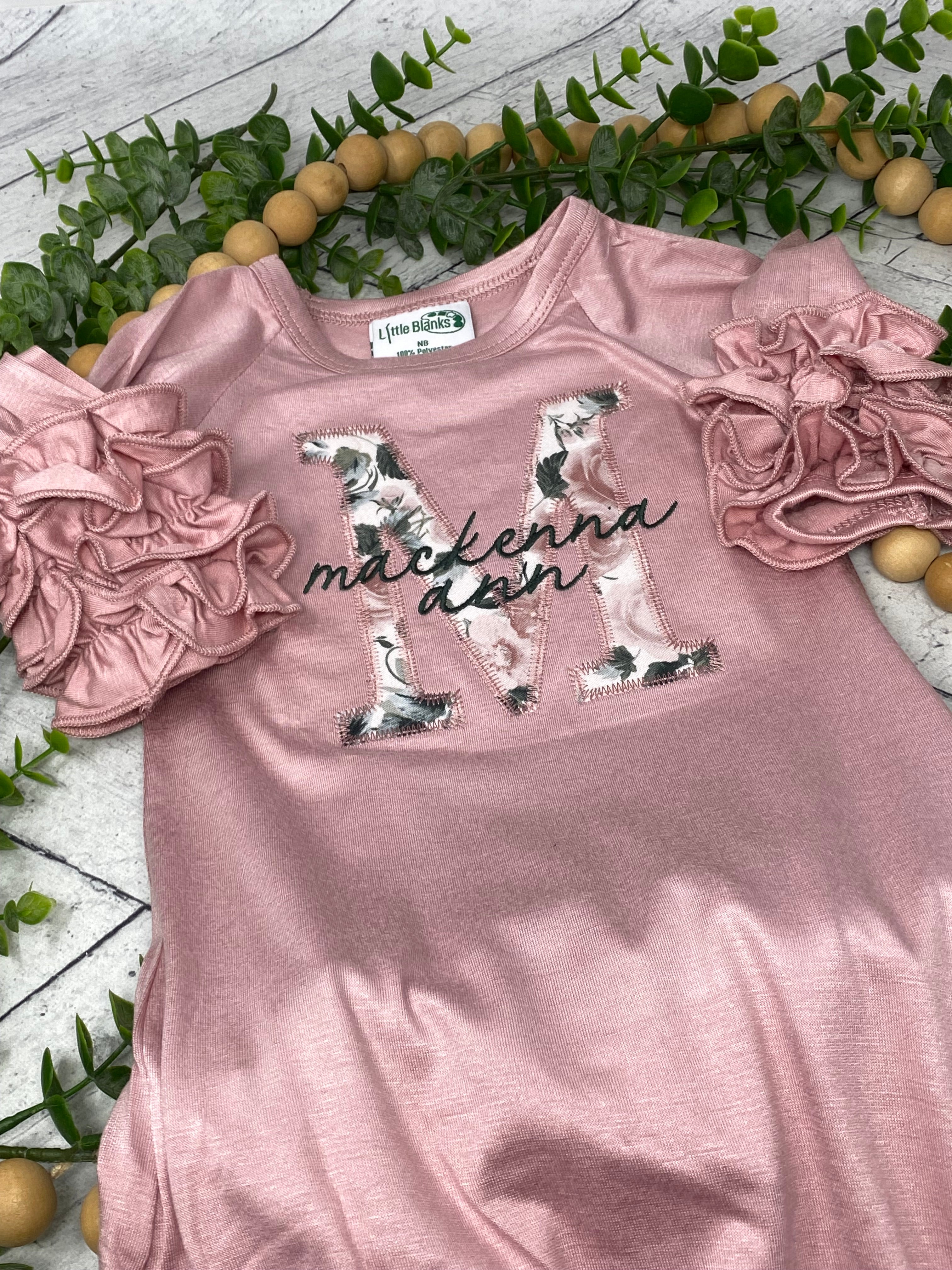 Personalized Baby Gown Set | Custom Embroidered Newborn Ruffled Sleeve Gown | Baby Shower Gift | Coming Home Outfit | Hospital Outfit