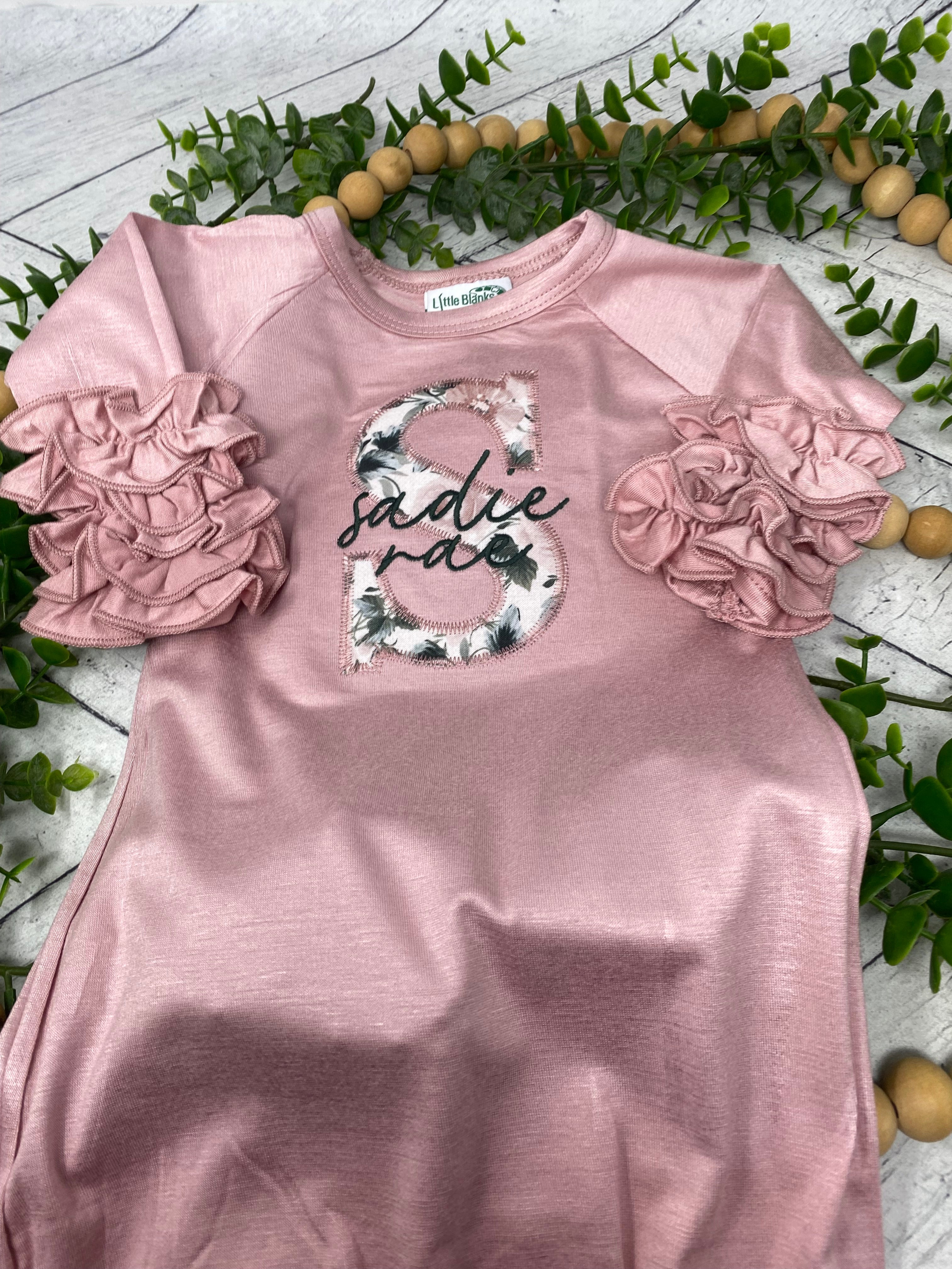 Personalized Baby Gown Set | Custom Embroidered Newborn Ruffled Sleeve Gown | Baby Shower Gift | Coming Home Outfit | Hospital Outfit