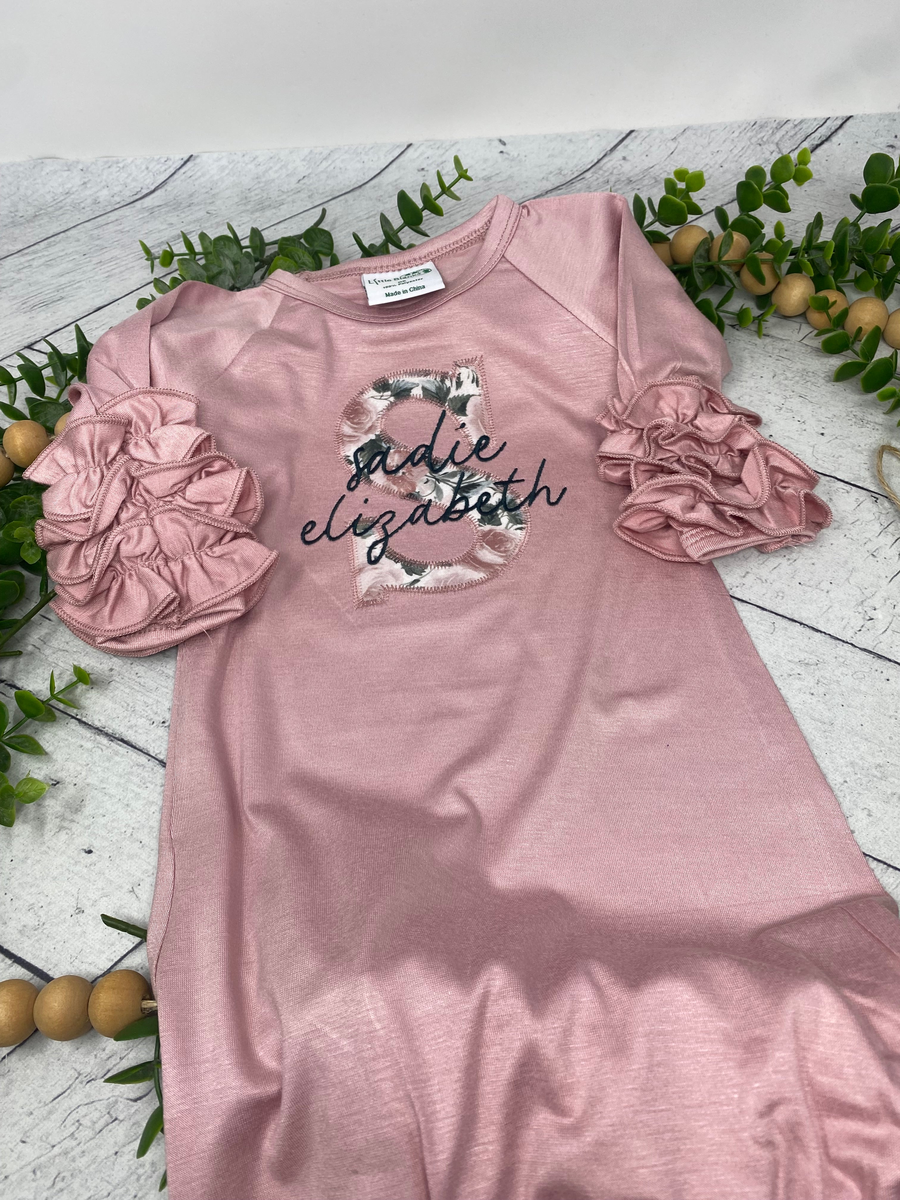 Personalized Baby Gown Set | Custom Embroidered Newborn Ruffled Sleeve Gown | Baby Shower Gift | Coming Home Outfit | Hospital Outfit
