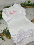 Sweet Pea Ruffled Gown with personalization | Custom embroidered newborn sleep gown | Baby Girl Hospital Gown
