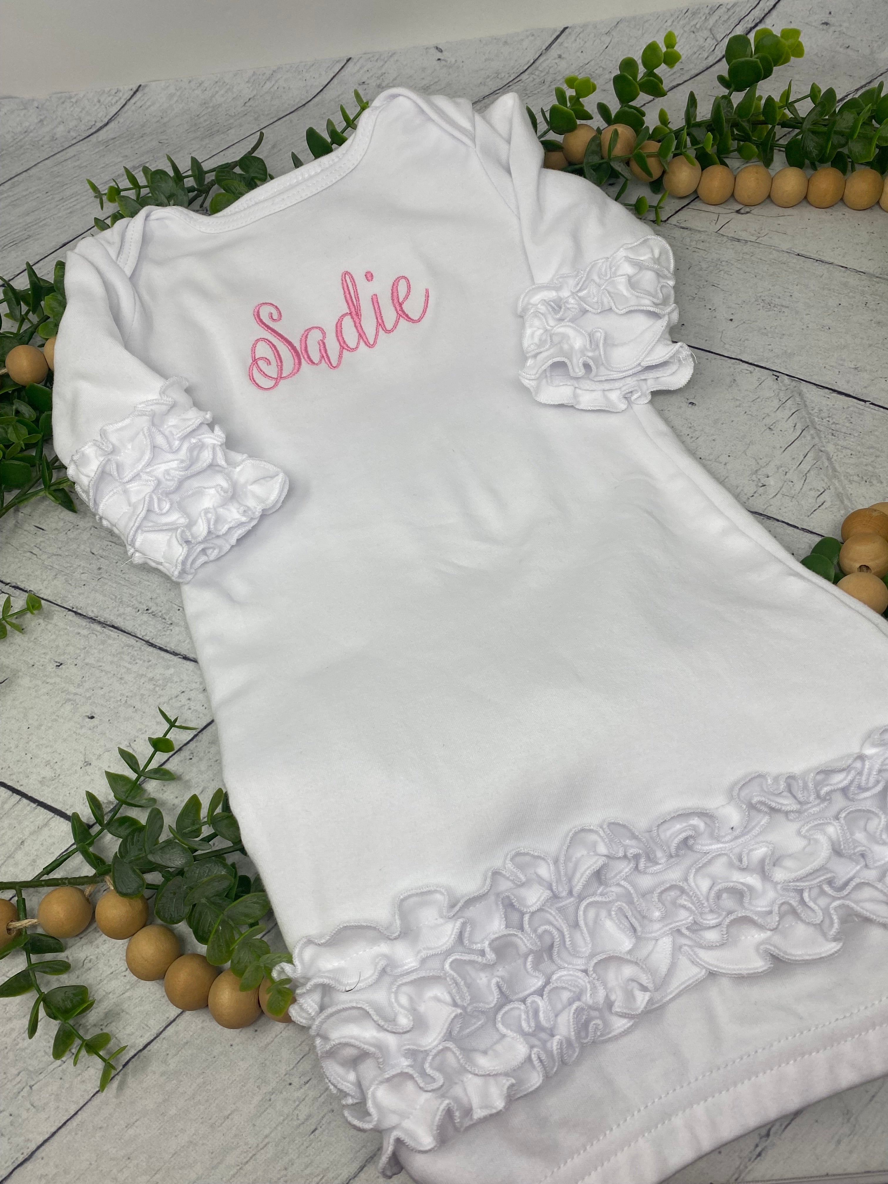 Sweet Pea Ruffled Gown with personalization | Custom embroidered newborn sleep gown | Baby Girl Hospital Gown