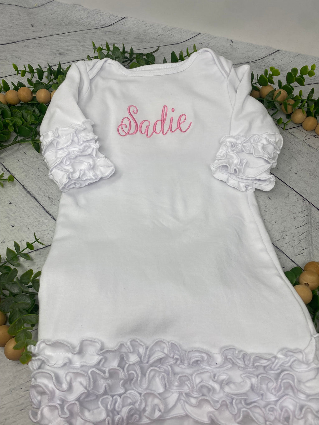 Sweet Pea Ruffled Gown with personalization | Custom embroidered newborn sleep gown | Baby Girl Hospital Gown
