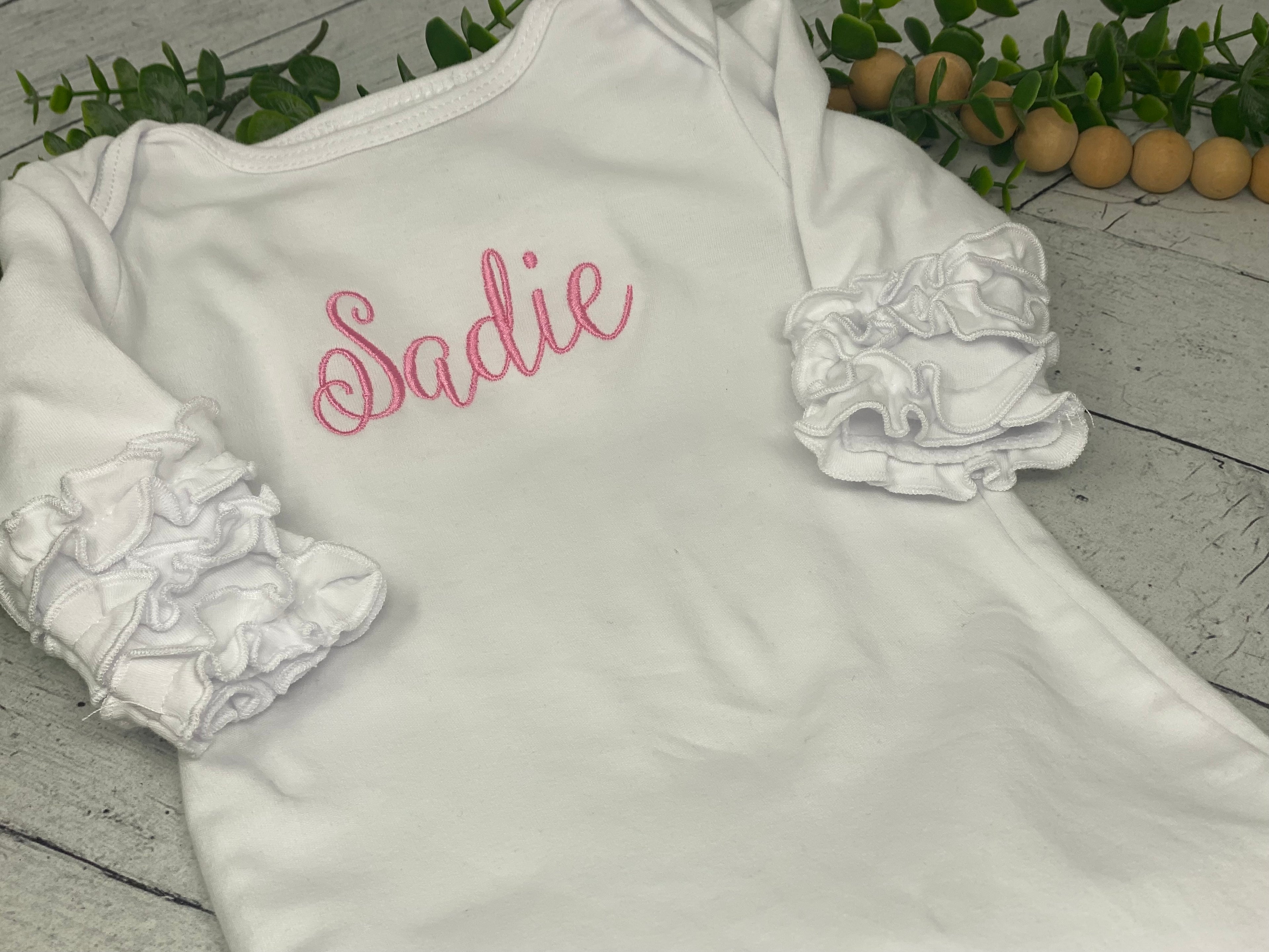 Sweet Pea Ruffled Gown with personalization | Custom embroidered newborn sleep gown | Baby Girl Hospital Gown