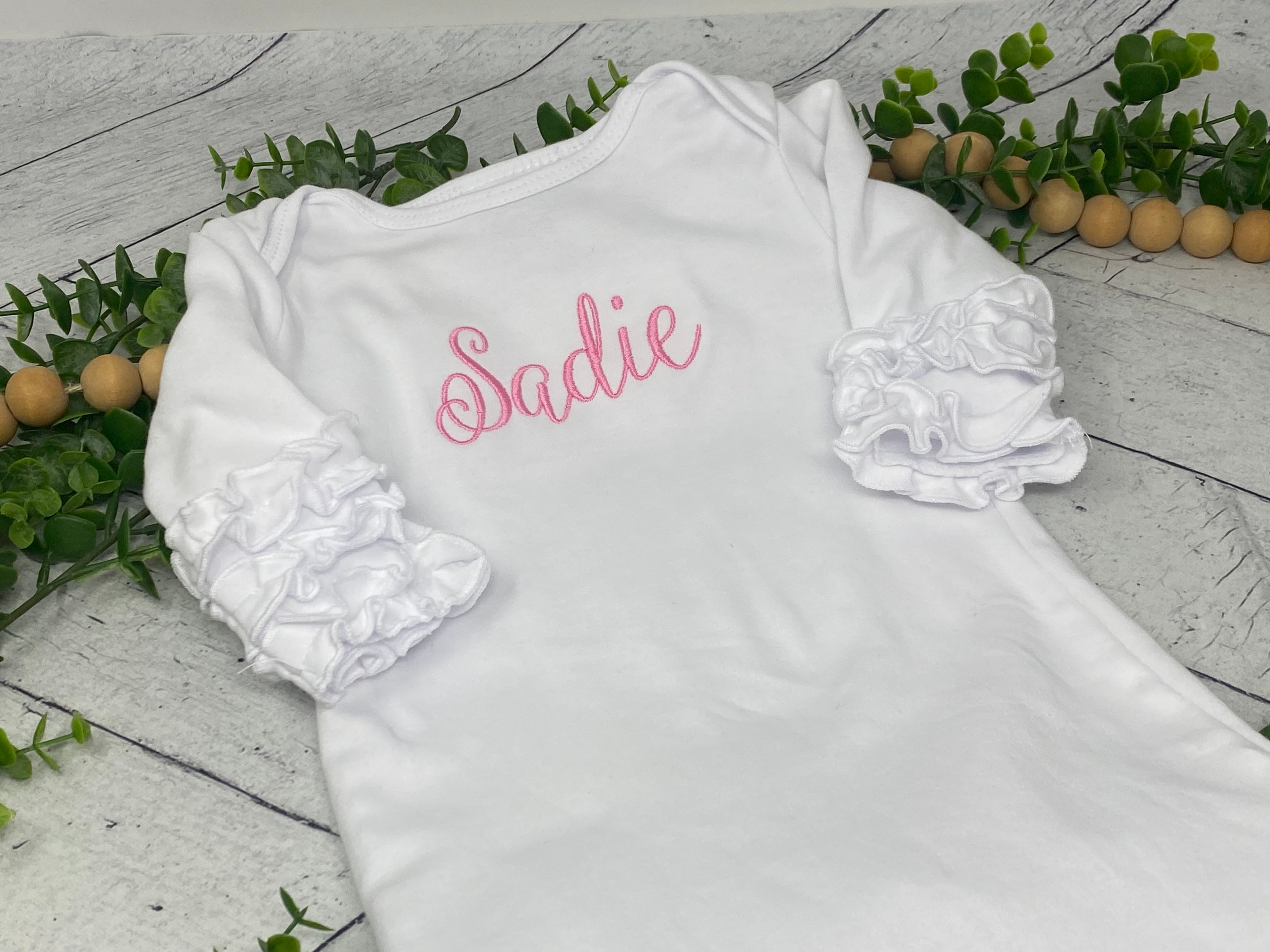 Sweet Pea Ruffled Gown with personalization | Custom embroidered newborn sleep gown | Baby Girl Hospital Gown