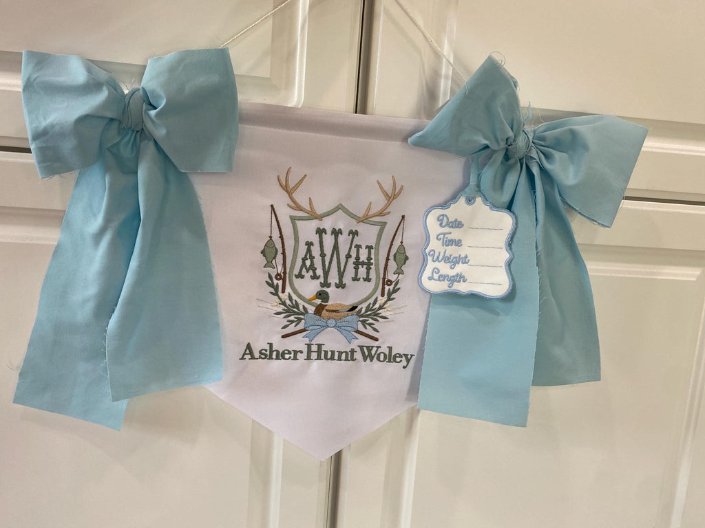 Personalized Baby Boy Name Banner – Embroidered Monogram, Blue Bows