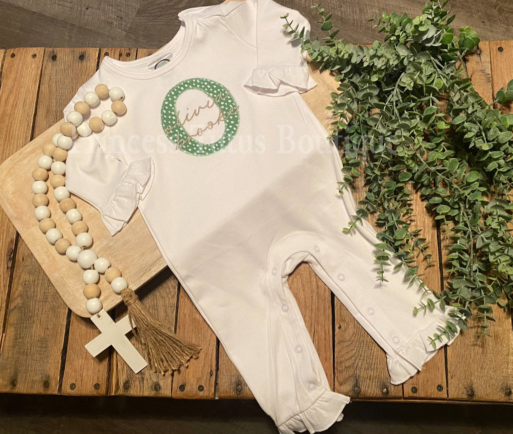 Personalized Baby Girl Romper with Name | Appliqué Initial Ruffle Outfit | Custom Long Sleeve Baby Gift