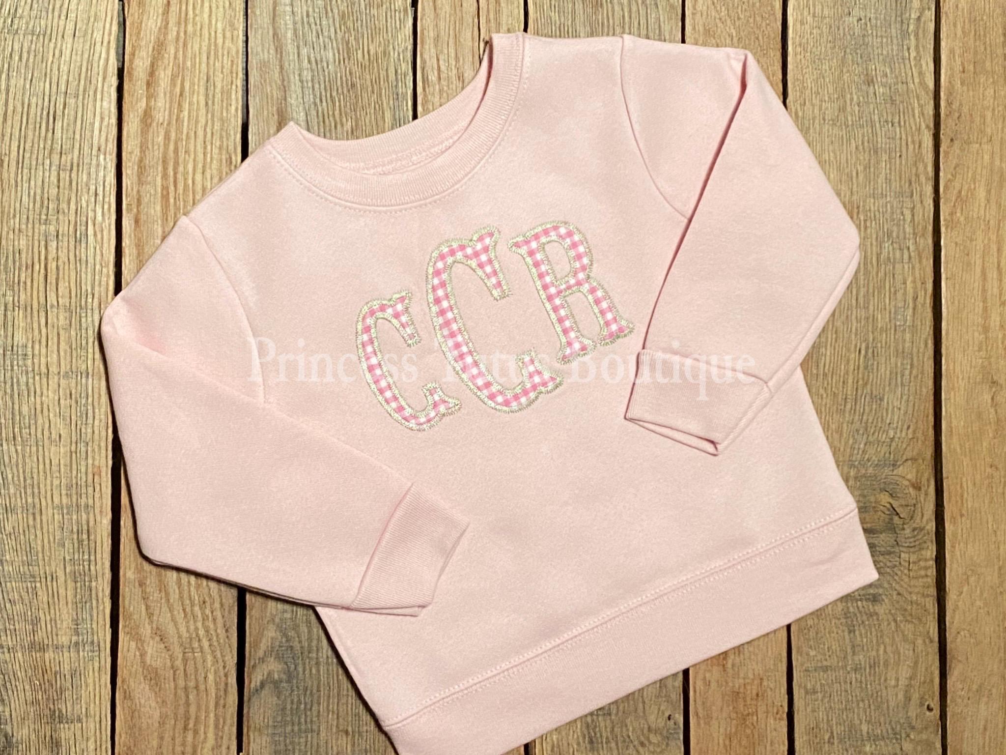 Personalized Girls Monogram Sweatshirt – Pink Appliqué Initials Crewneck – Custom Baby & Toddler Name Sweatshirt – Boutique Style