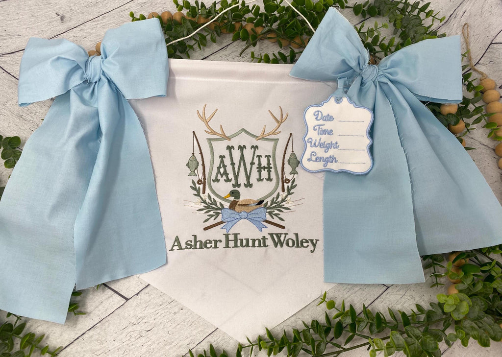 Personalized Baby Boy Name Banner – Embroidered Monogram, Blue Bows