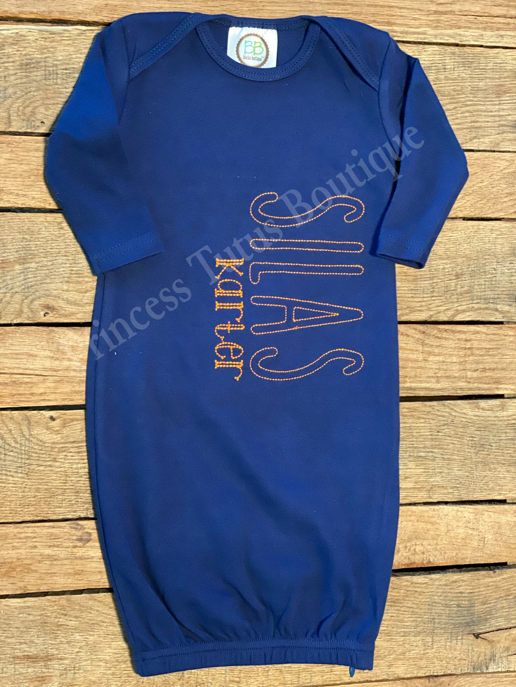 Personalized Navy Baby Gown, Custom Stitched Name, Coming Home Outfit