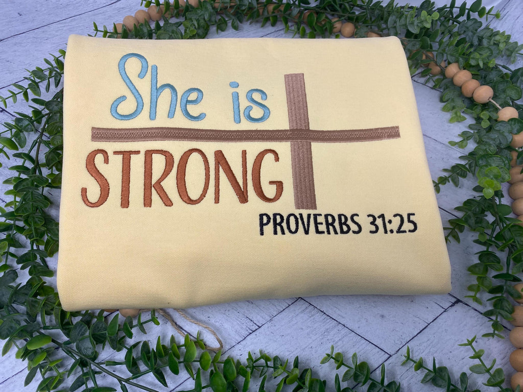 Embroidered Christian Sweatshirt, She Is Strong Comfort Colors Crewneck