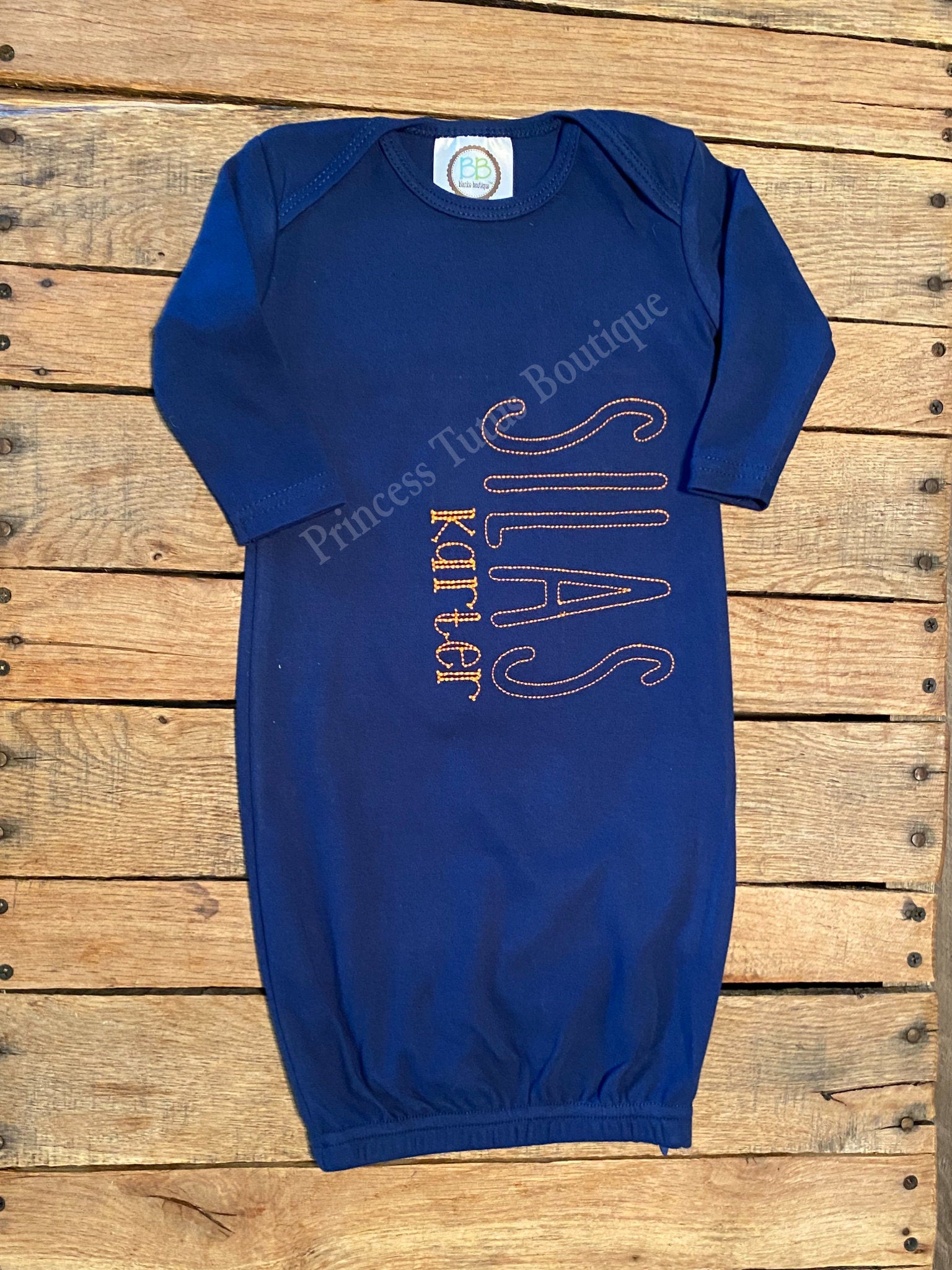 Personalized Navy Baby Gown, Custom Stitched Name, Coming Home Outfit