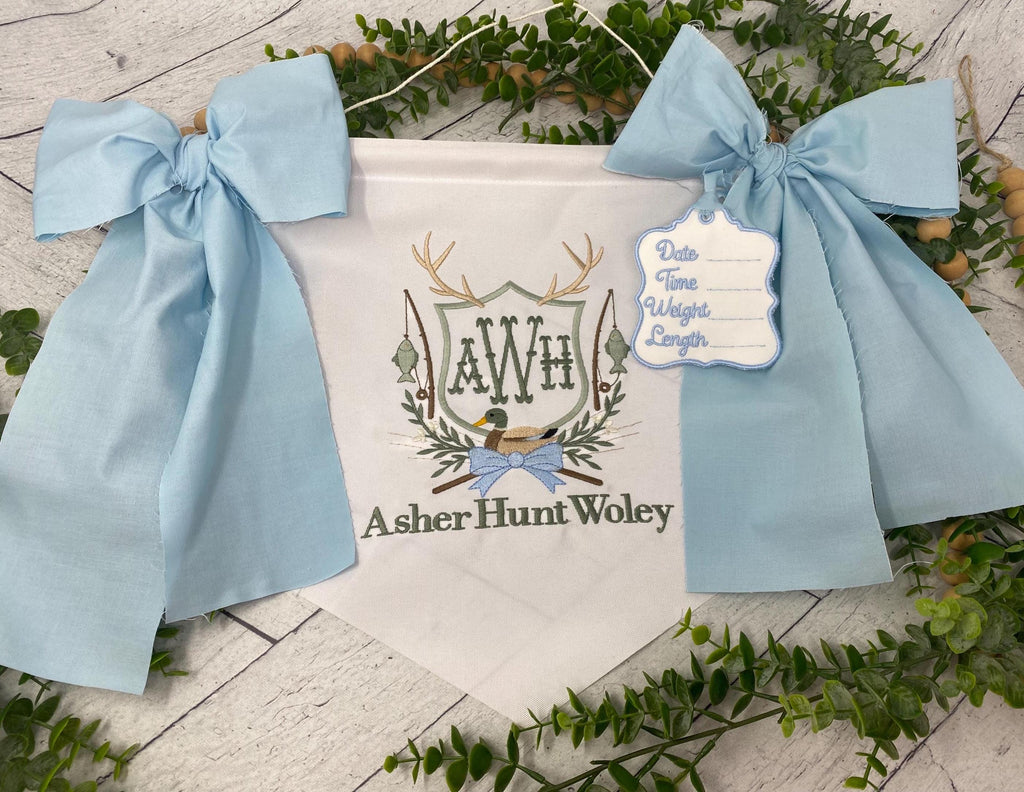Personalized Baby Boy Name Banner – Embroidered Monogram, Blue Bows
