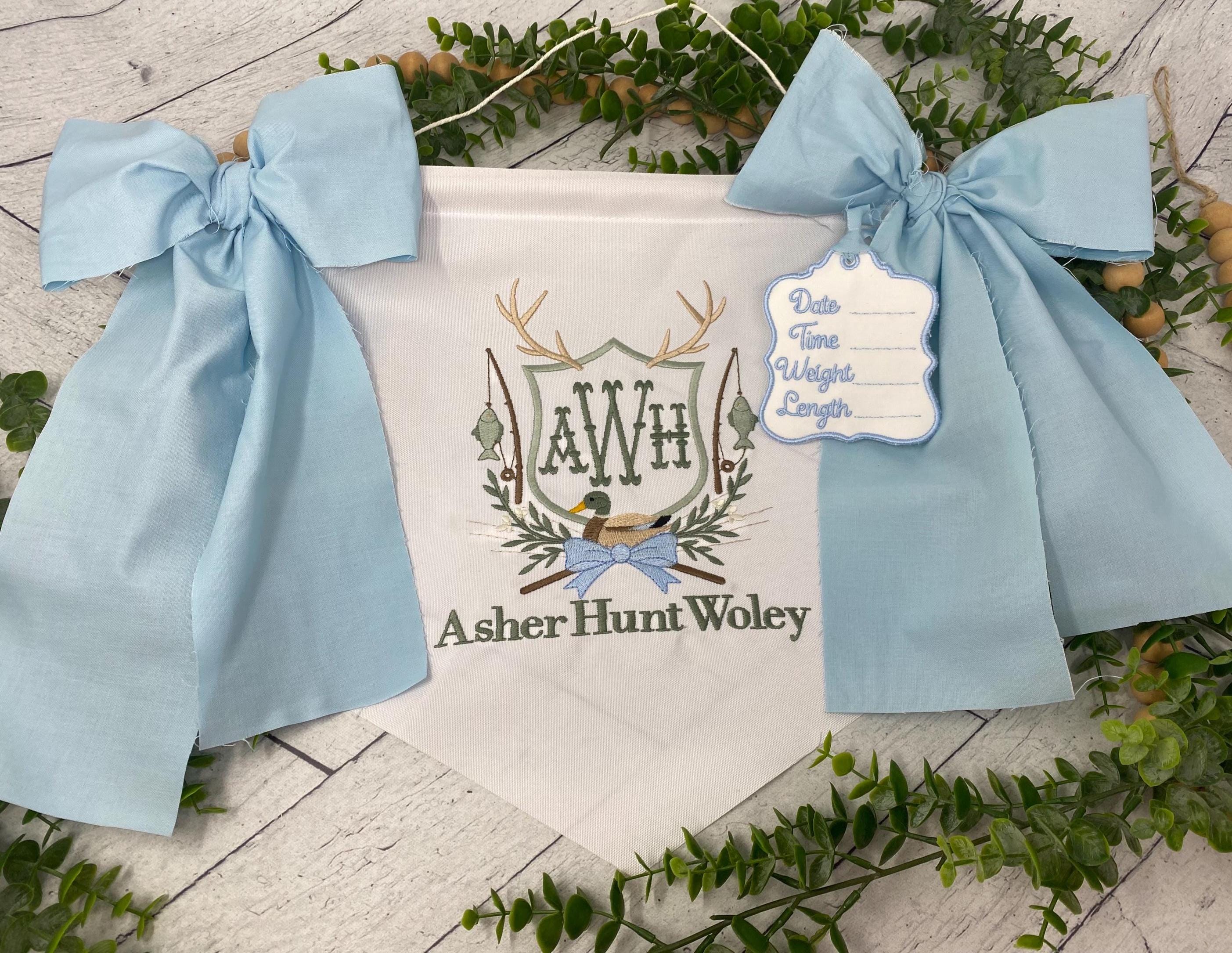 Personalized Baby Boy Name Banner – Embroidered Monogram, Blue Bows