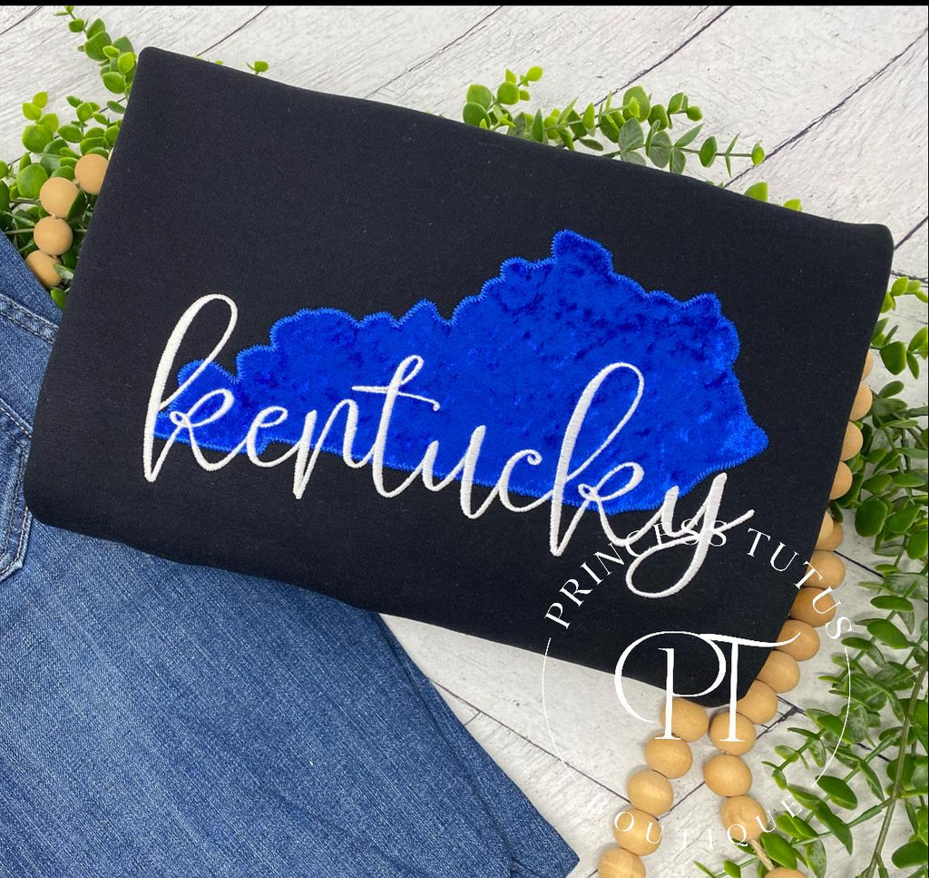 Black crewneck with blue velvet state with Kentucky embroidered in white